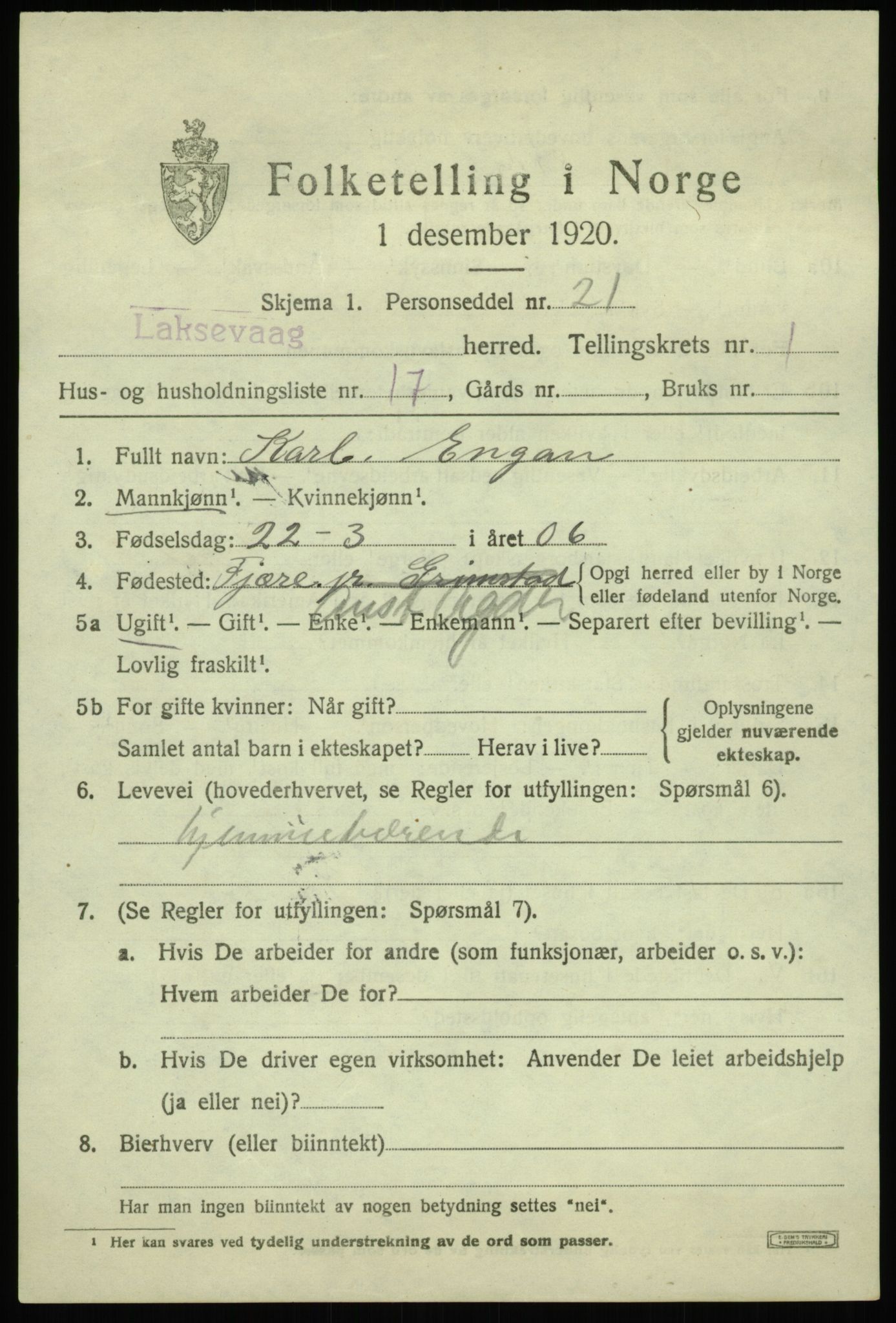 SAB, 1920 census for Laksevåg, 1920, p. 2446