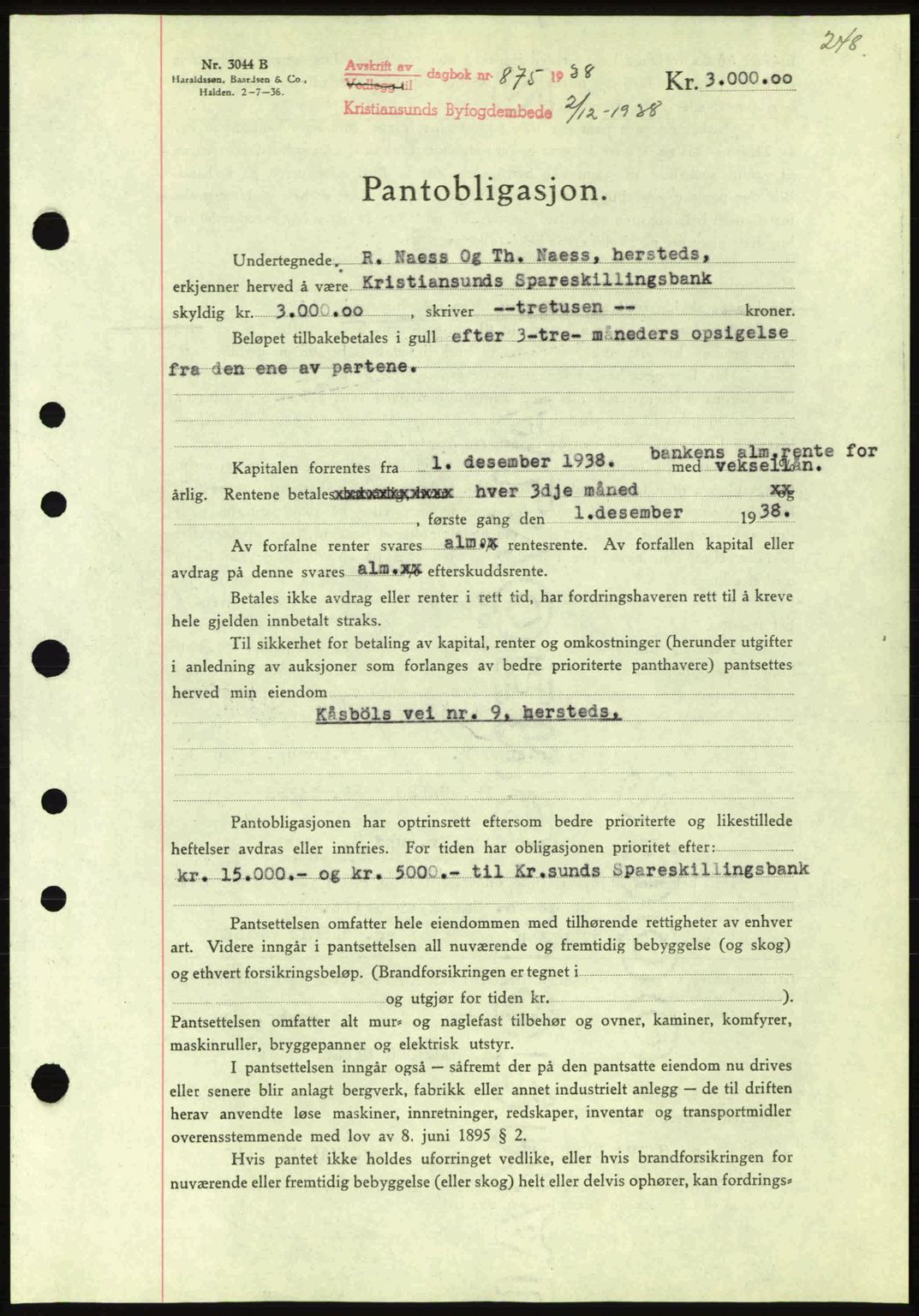 Kristiansund byfogd, SAT/A-4587/A/27: Mortgage book no. 31, 1938-1939, Diary no: : 875/1938