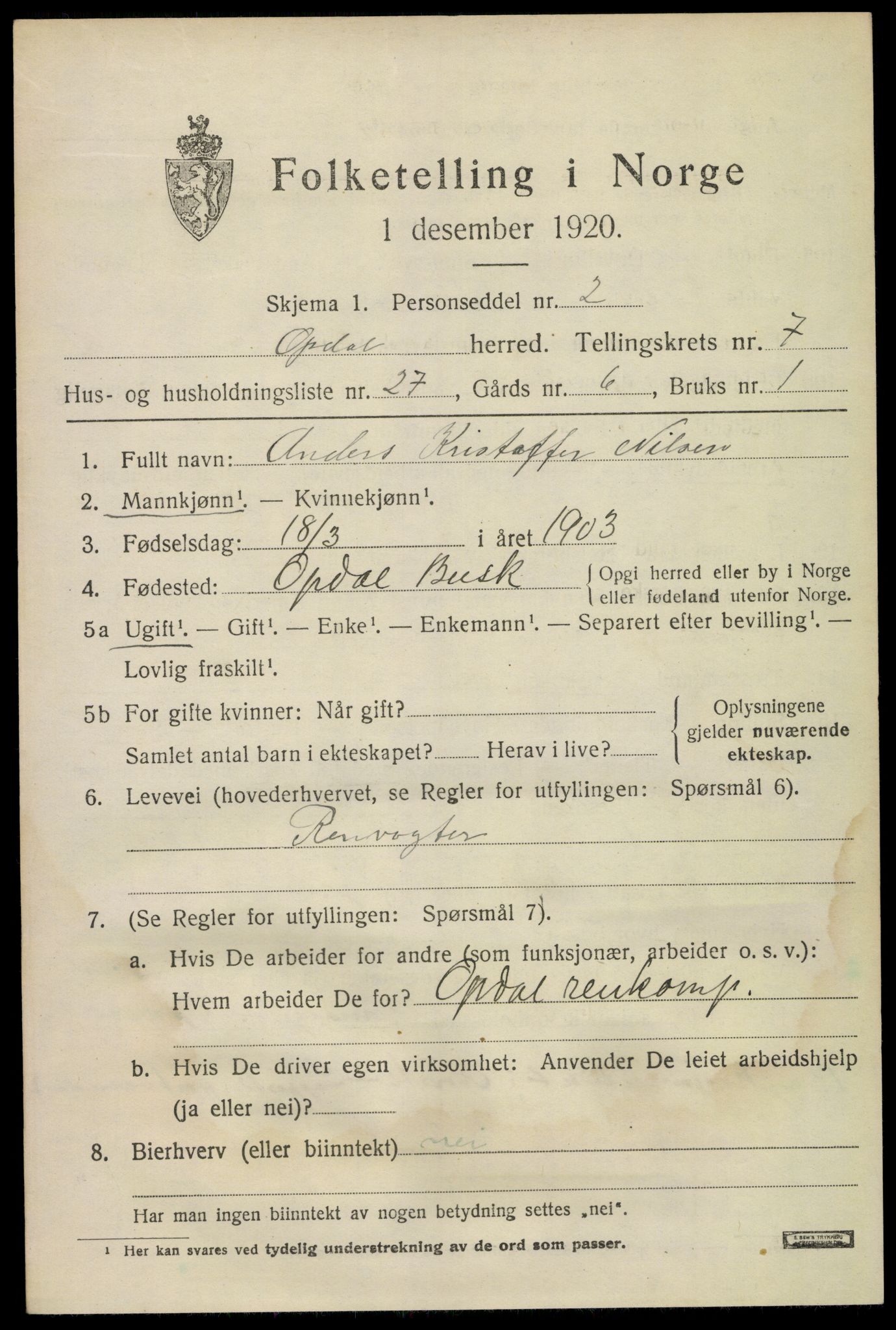 SAKO, 1920 census for Uvdal, 1920, p. 3071