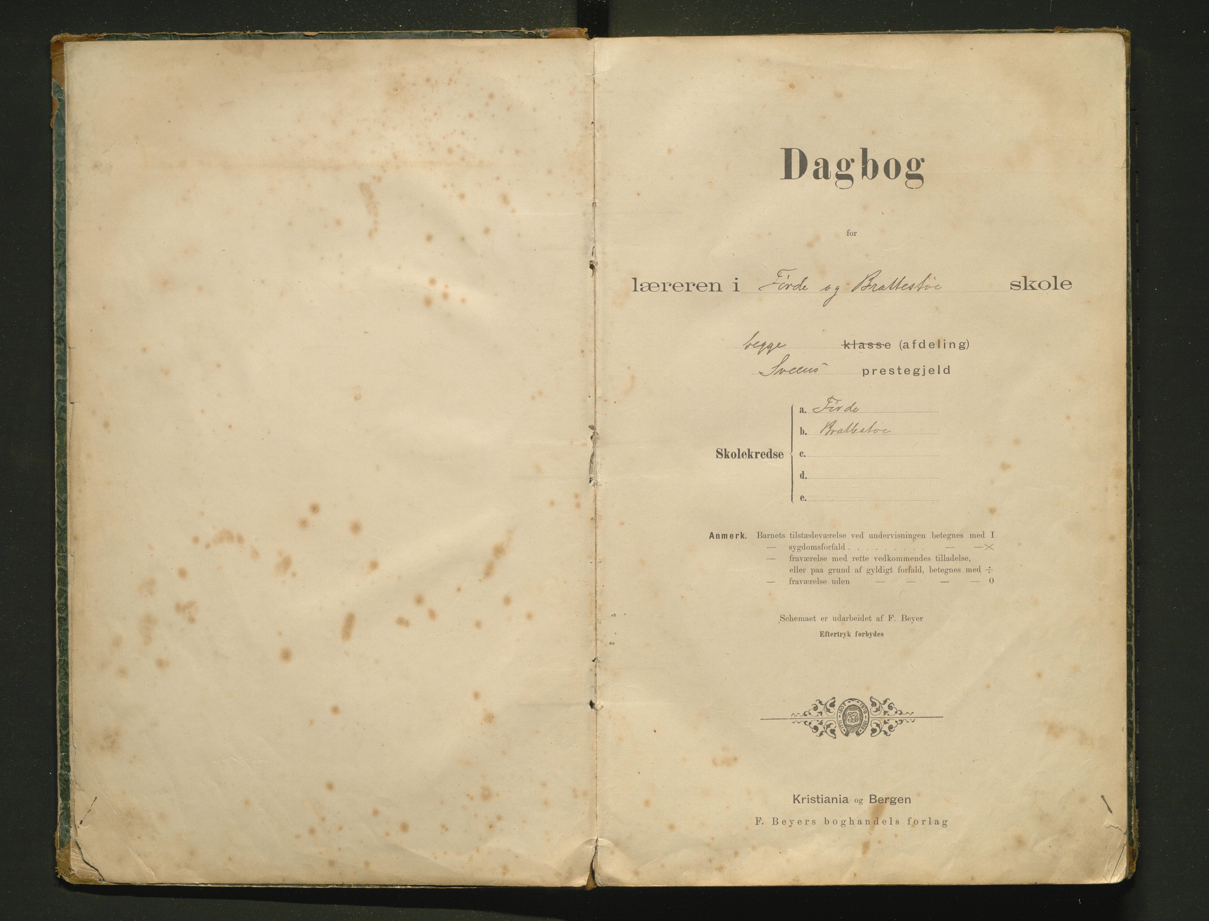 Sveio kommune. Barneskulane, IKAH/1216-231/G/Gb/L0002: Dagbok for læraren i Sveens prestegjeld, Førde og Brattstø skulekrinsar, 1894-1914