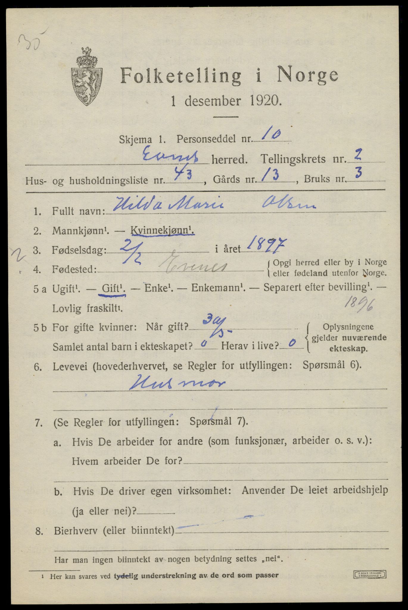 SAT, 1920 census for Evenes, 1920, p. 2948