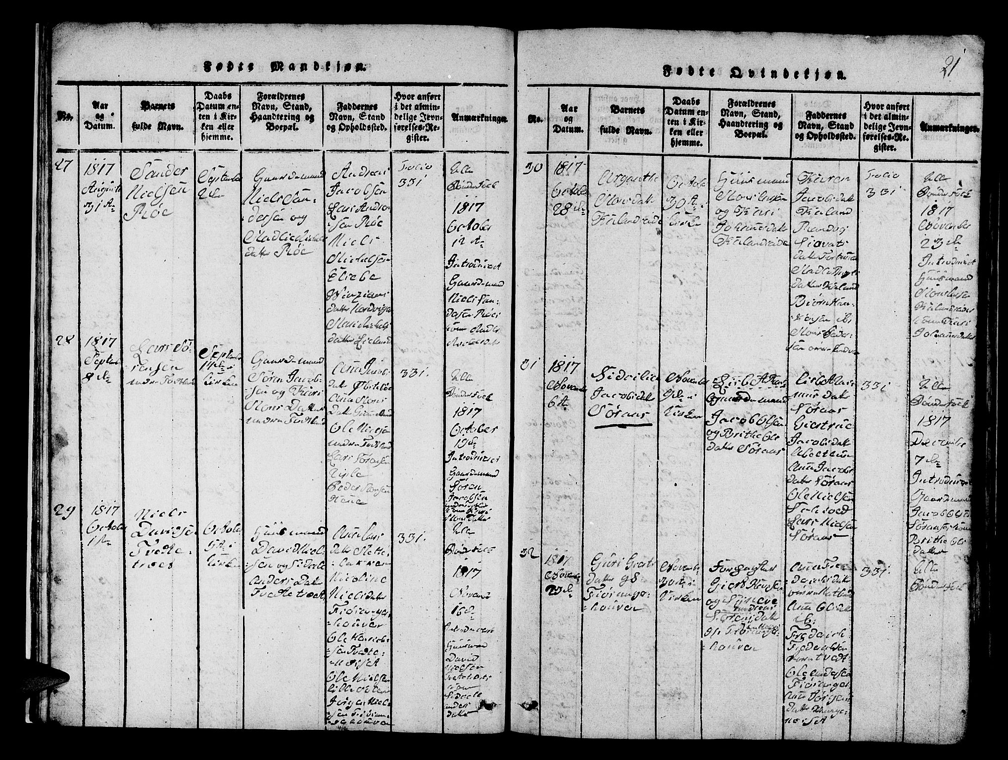 Fana Sokneprestembete, SAB/A-75101/H/Hab/Haba/L0001: Parish register (copy) no. A 1, 1816-1836, p. 21