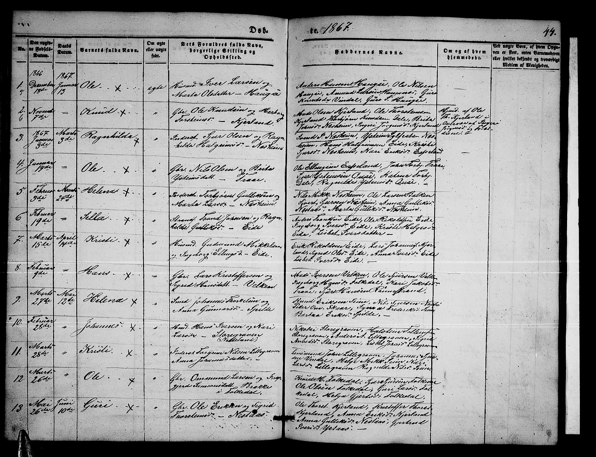 Ulvik sokneprestembete, SAB/A-78801/H/Hab: Parish register (copy) no. B 1, 1855-1868, p. 44