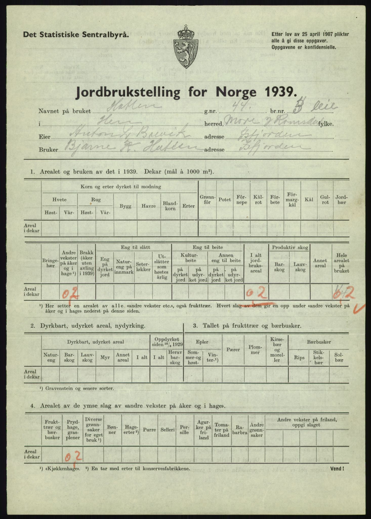 Statistisk sentralbyrå, Næringsøkonomiske emner, Jordbruk, skogbruk, jakt, fiske og fangst, AV/RA-S-2234/G/Gb/L0251: Møre og Romsdal: Voll, Eid, Grytten og Hen, 1939, p. 1043