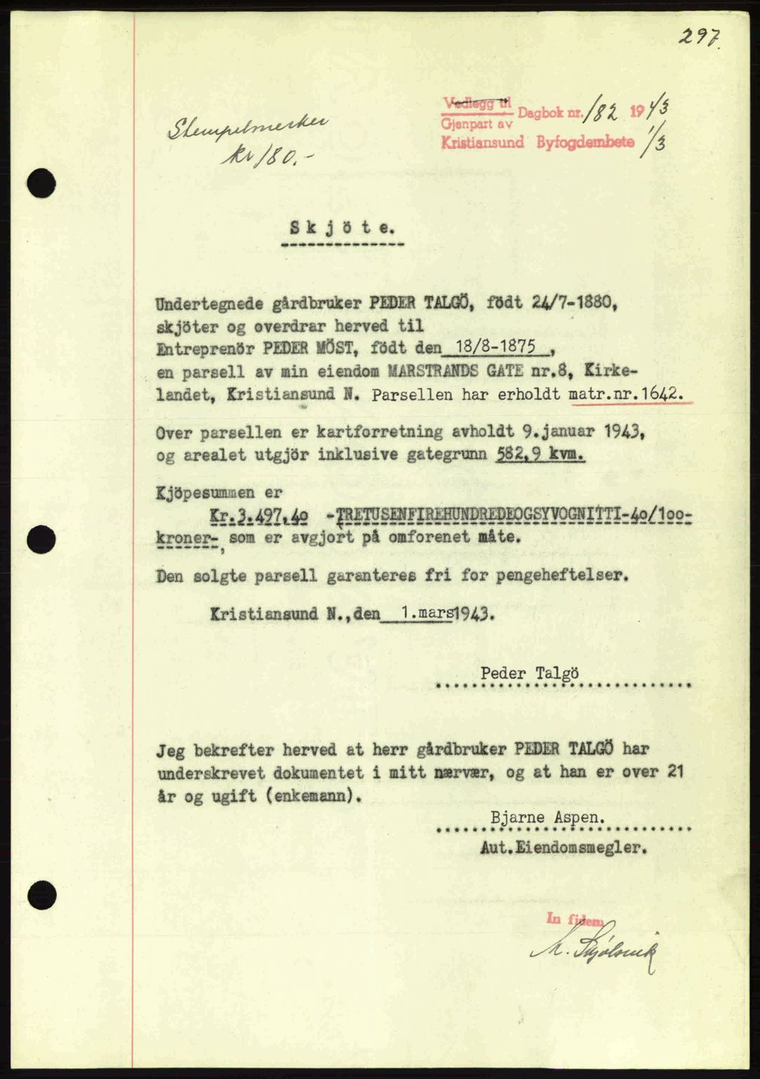 Kristiansund byfogd, AV/SAT-A-4587/A/27: Mortgage book no. 34, 1941-1945, Diary no: : 182/1943