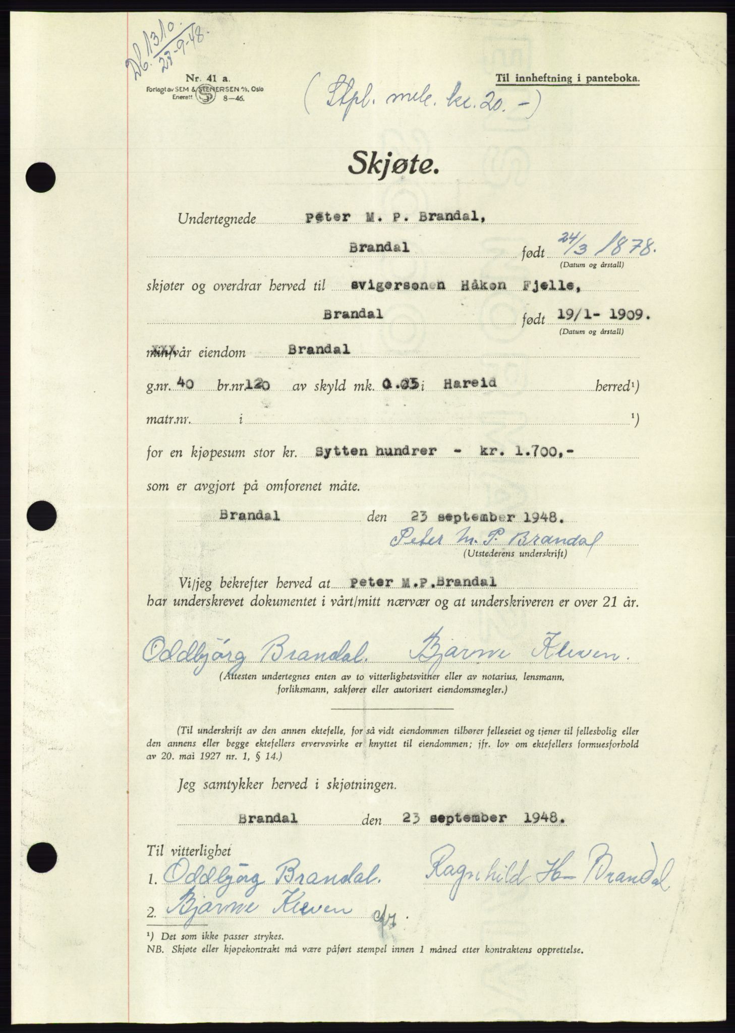 Søre Sunnmøre sorenskriveri, AV/SAT-A-4122/1/2/2C/L0083: Mortgage book no. 9A, 1948-1949, Diary no: : 1310/1948