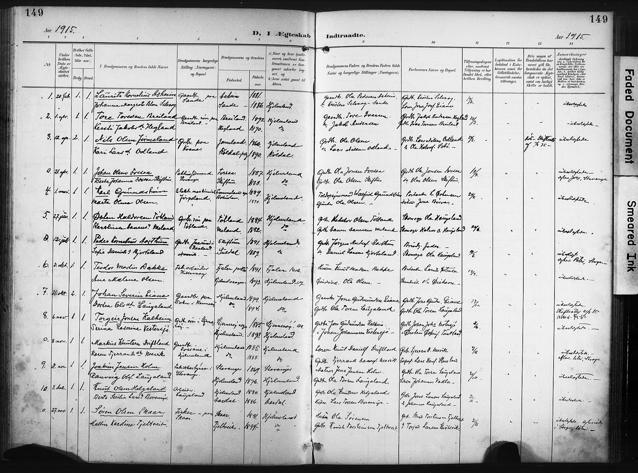 Hjelmeland sokneprestkontor, SAST/A-101843/02/A/L0002: Parish register (official) no. A 17, 1901-1916, p. 149