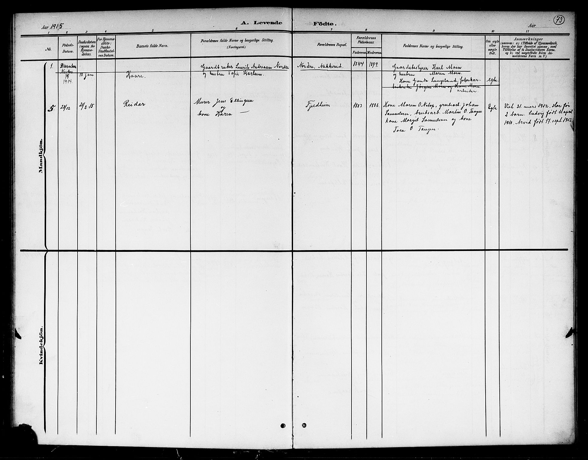 Hole kirkebøker, AV/SAKO-A-228/G/Gb/L0004: Parish register (copy) no. II 4, 1901-1916, p. 73