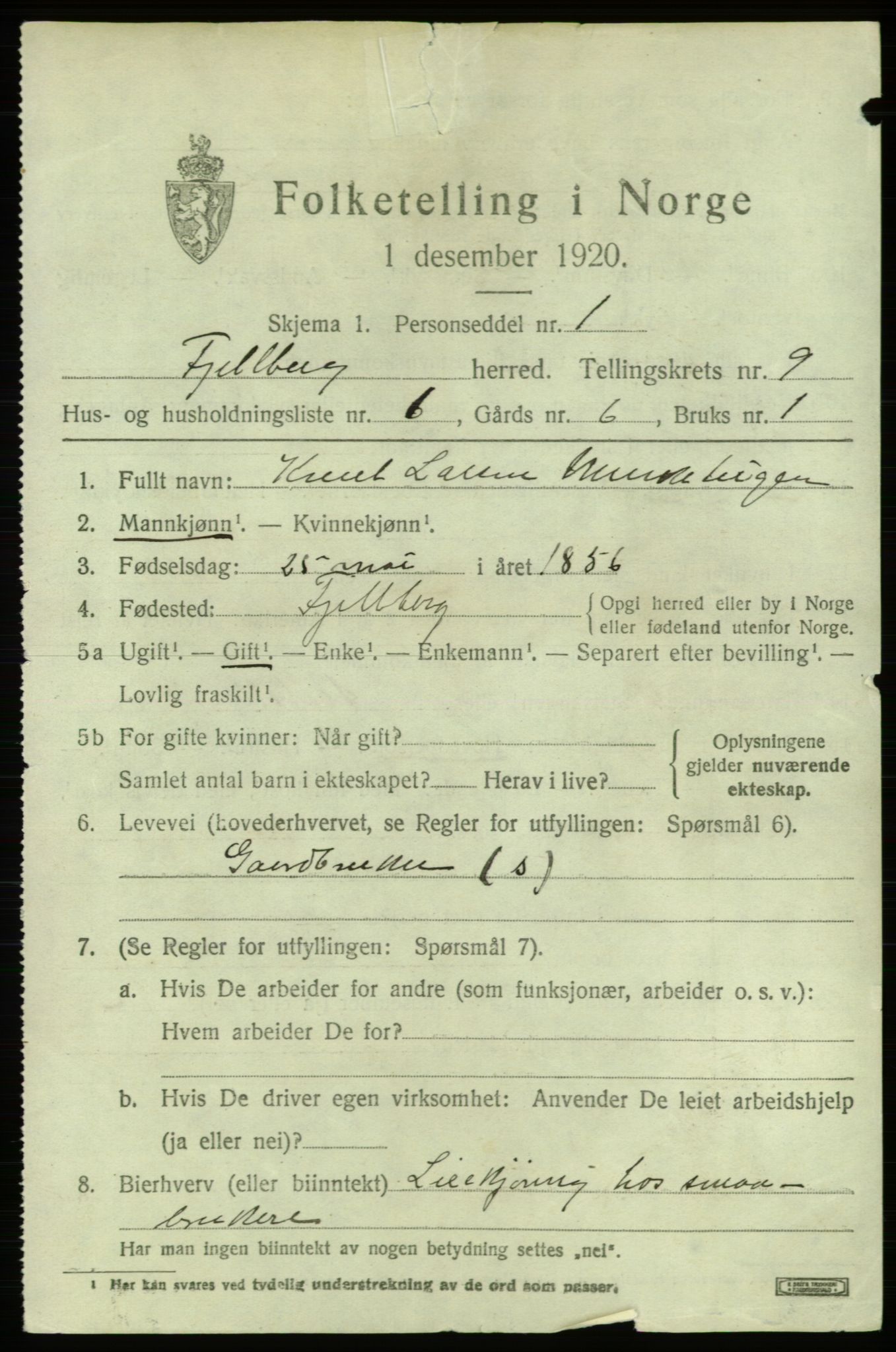 SAB, 1920 census for Fjelberg, 1920, p. 3509