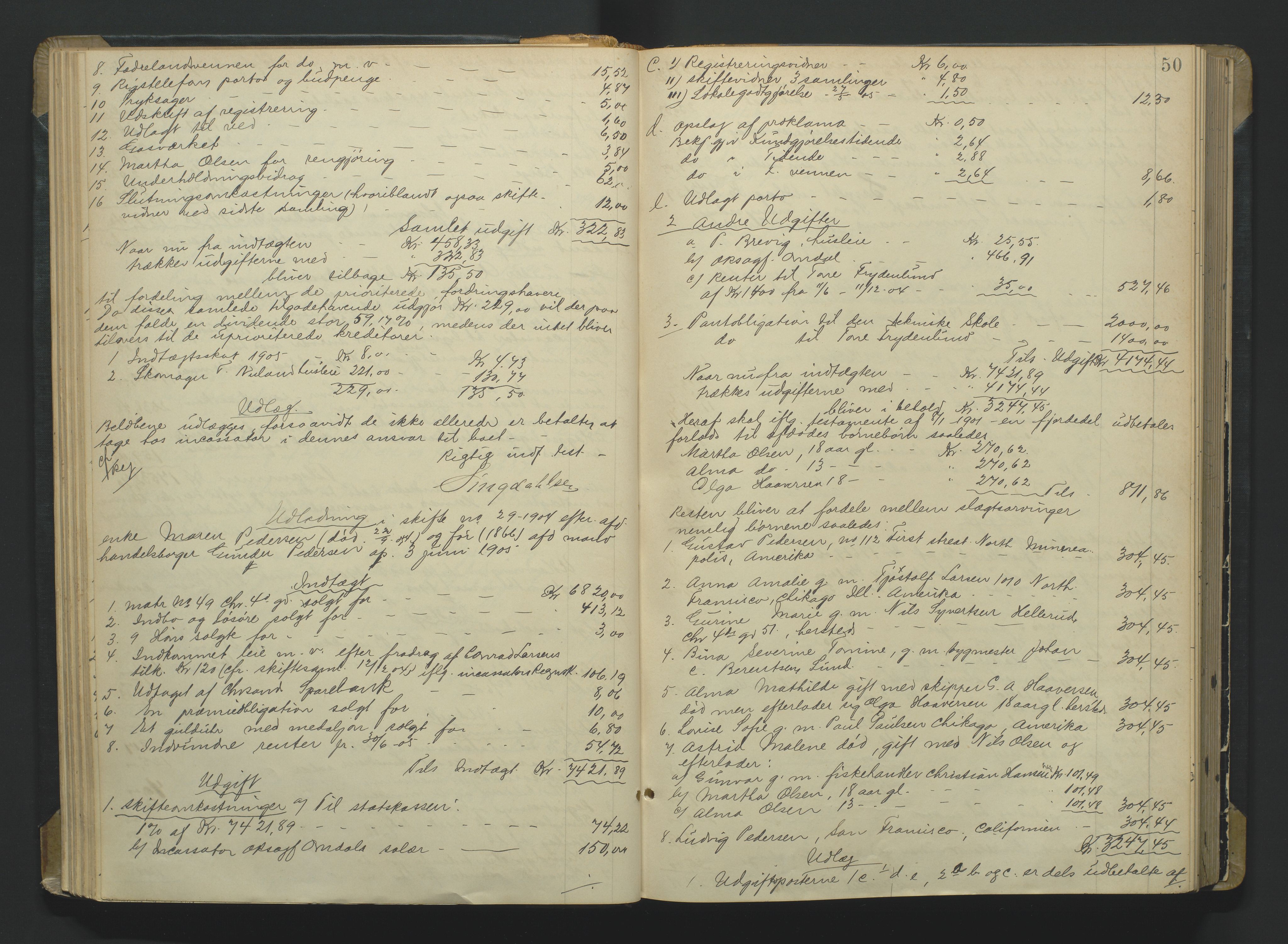 Kristiansand byrett, AV/SAK-1223-0001/H/Hc/L0060: Skifteutlodningsprotokoll nr. 6, med register, 1903-1916, p. 50
