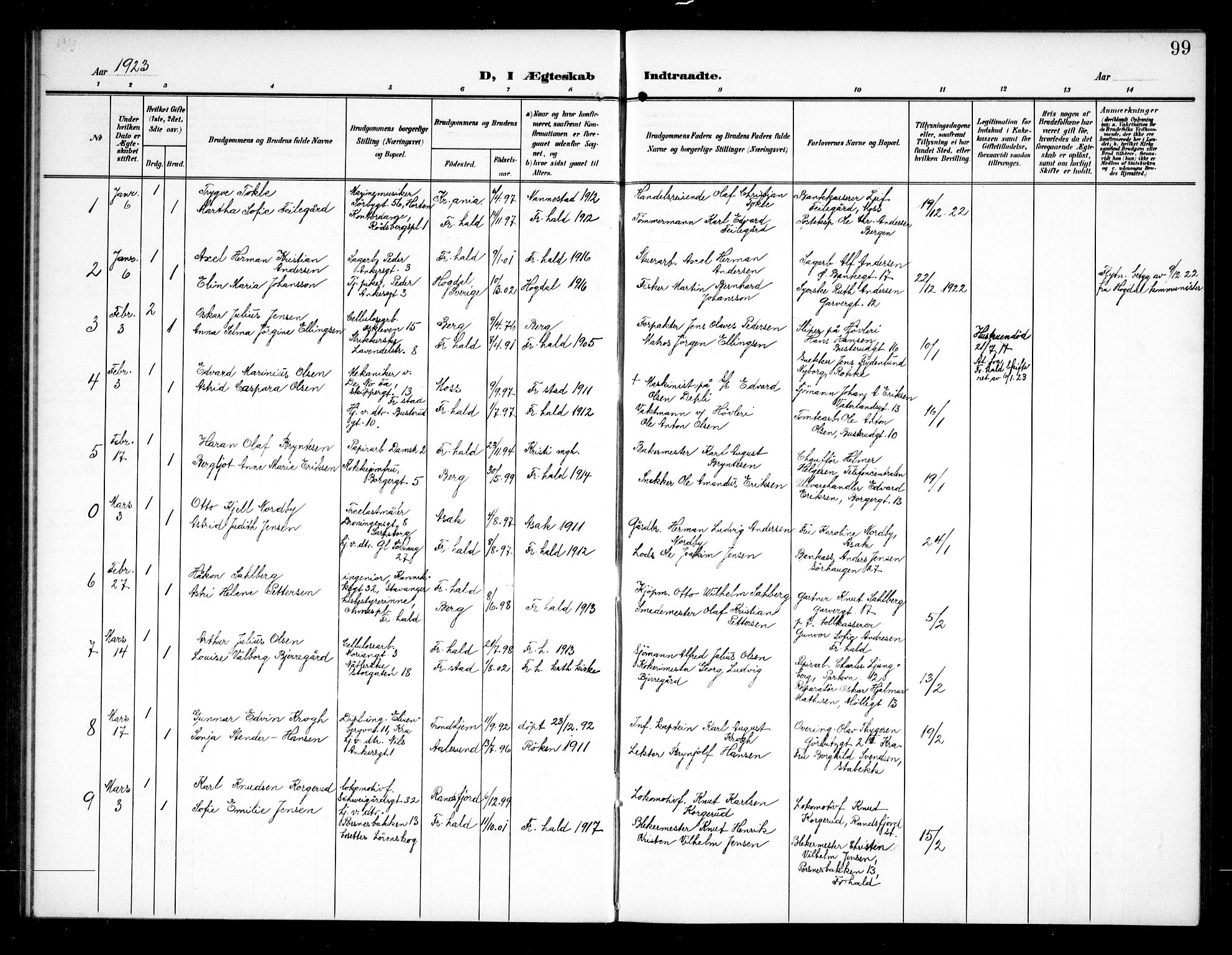 Halden prestekontor Kirkebøker, AV/SAO-A-10909/G/Ga/L0011: Parish register (copy) no. 11, 1906-1934, p. 99