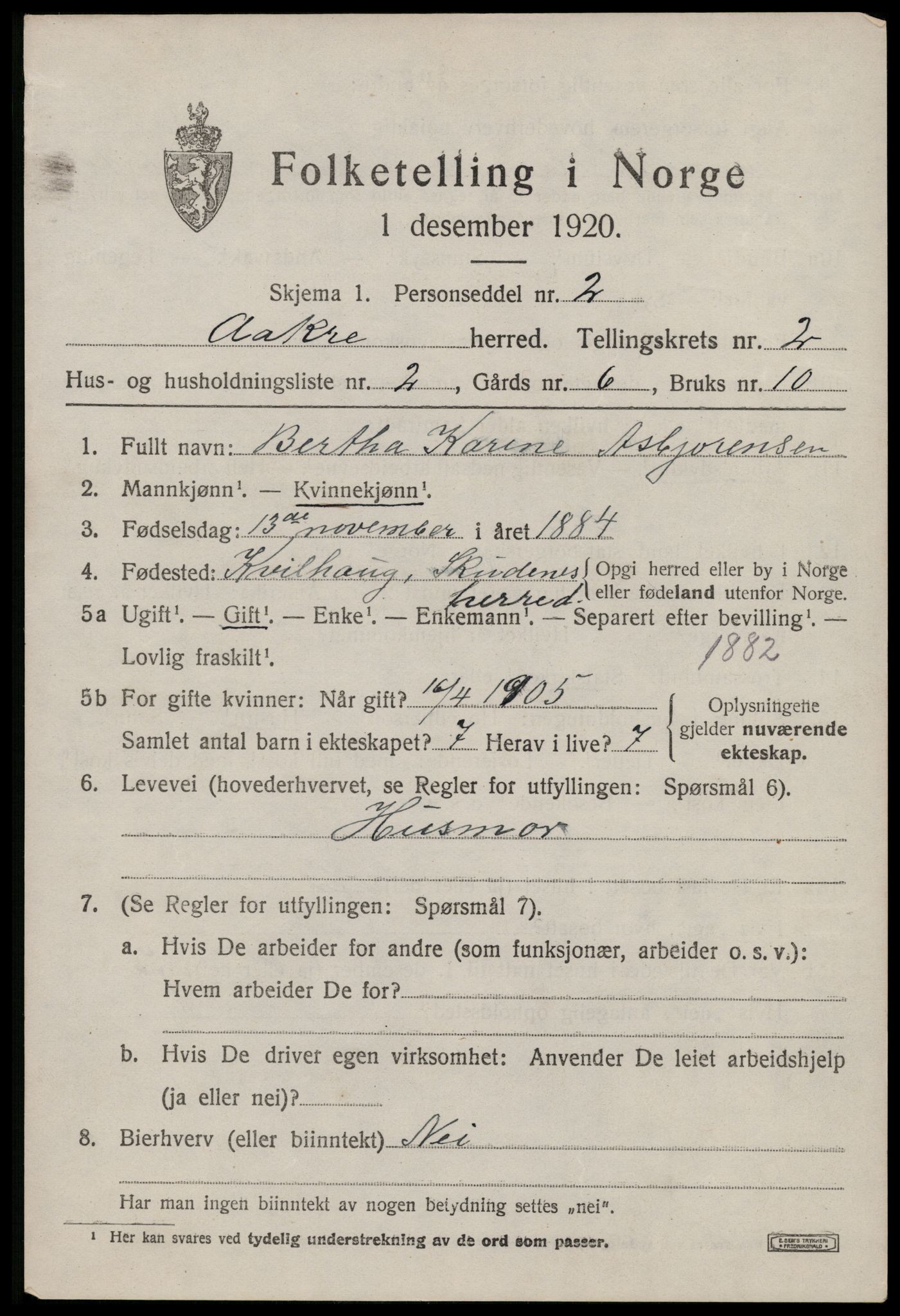 SAST, 1920 census for Åkra, 1920, p. 2962