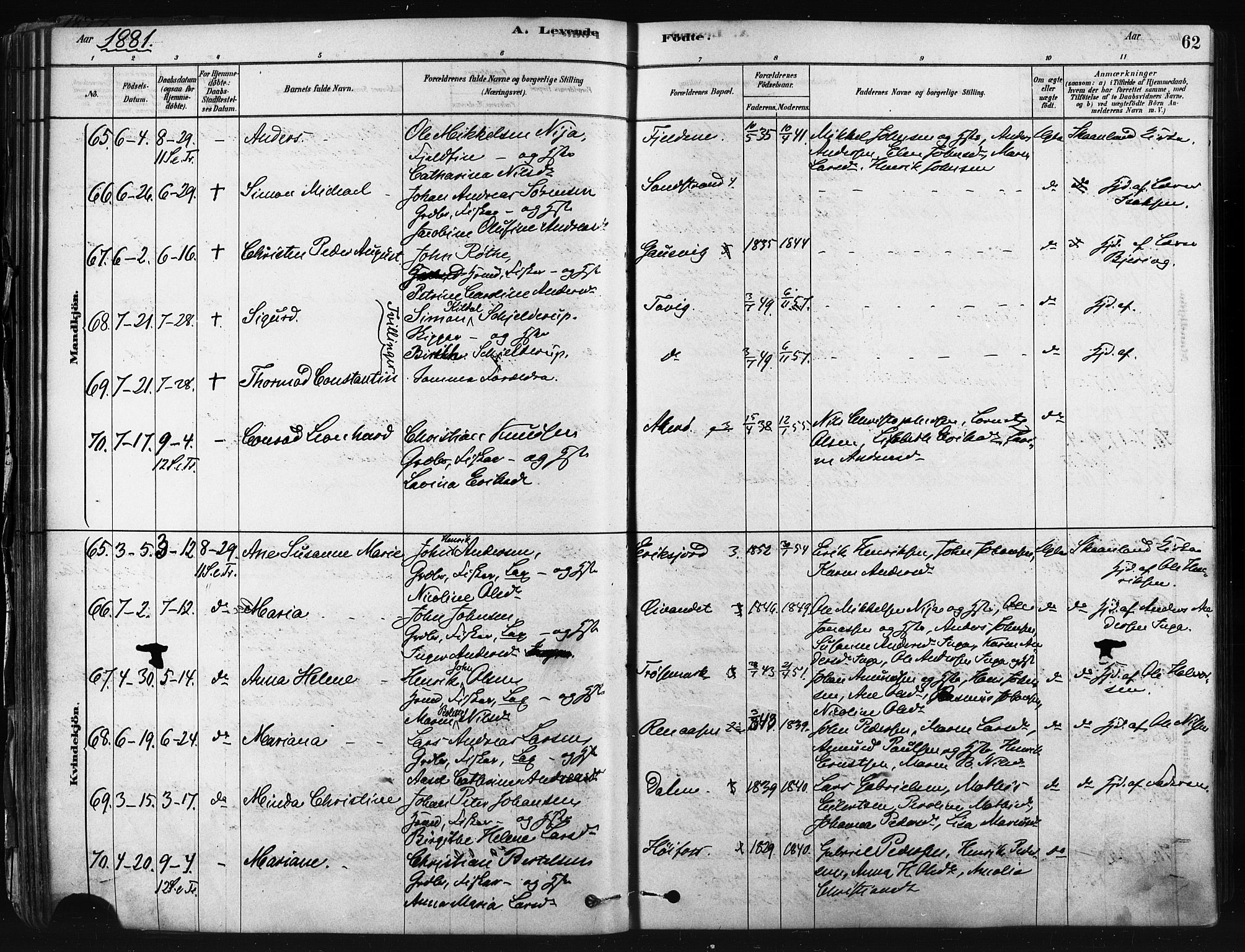 Trondenes sokneprestkontor, SATØ/S-1319/H/Ha/L0014kirke: Parish register (official) no. 14, 1878-1889, p. 62