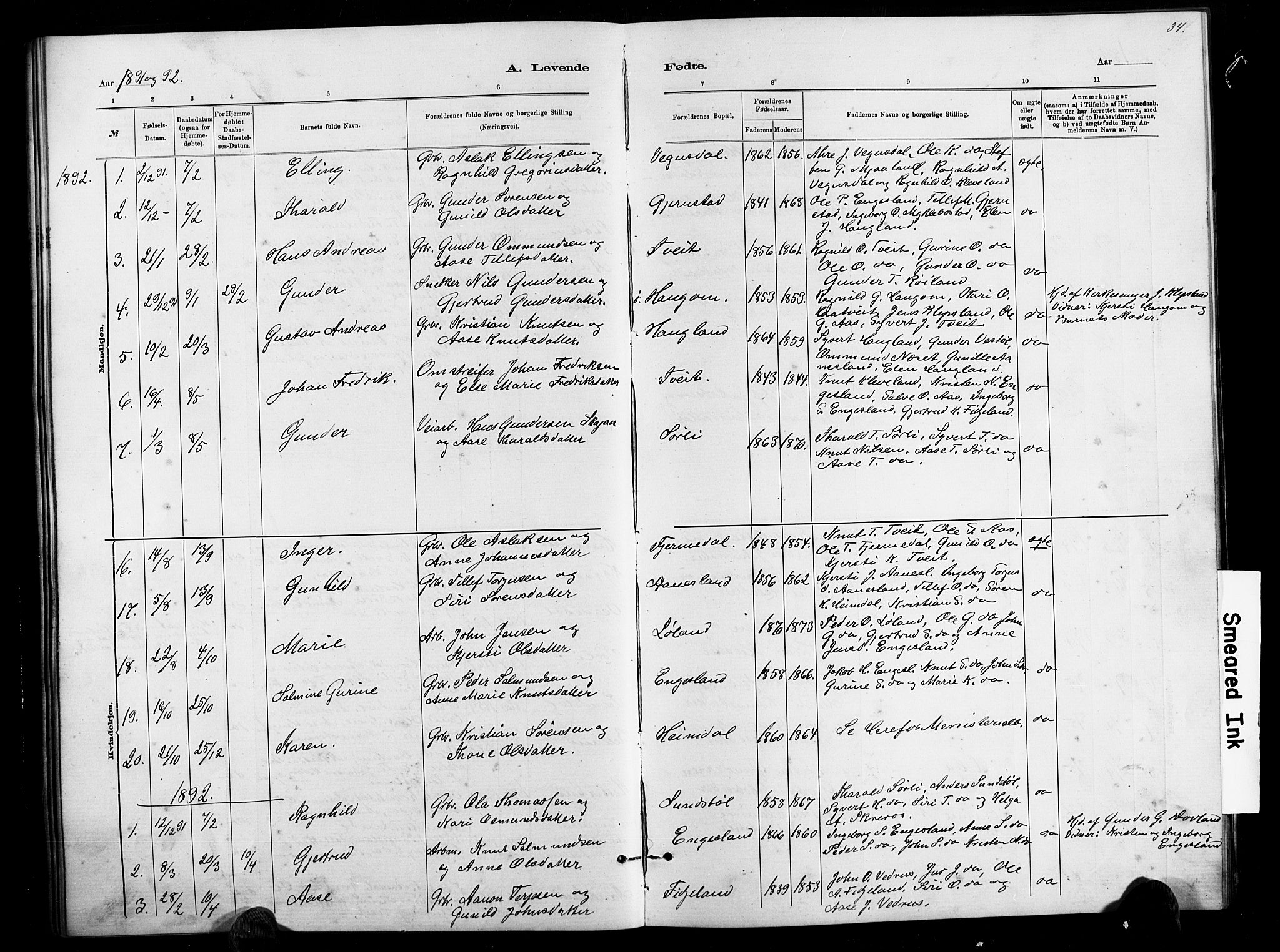 Herefoss sokneprestkontor, AV/SAK-1111-0019/F/Fb/Fbb/L0002: Parish register (copy) no. B 2, 1879-1894, p. 34