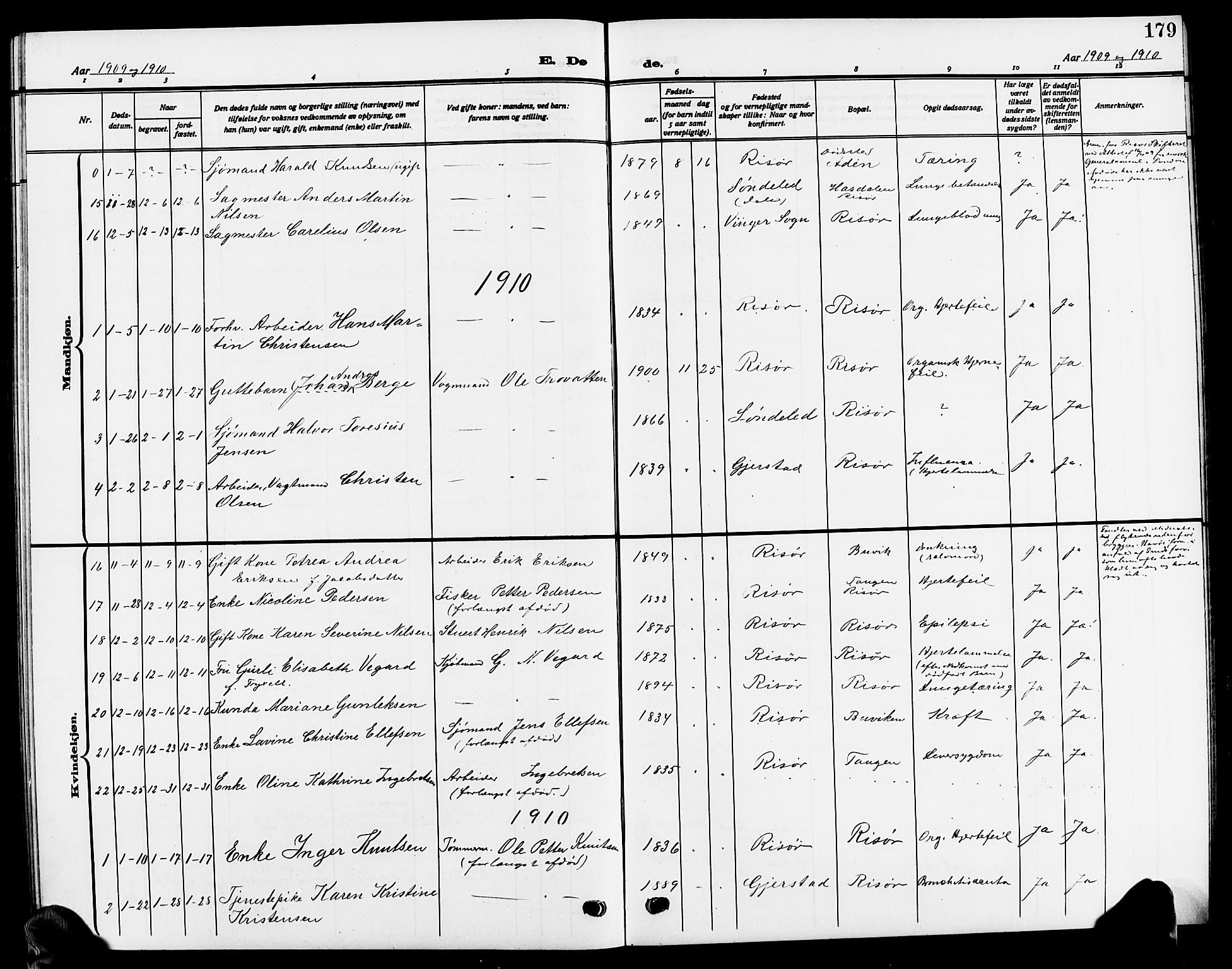 Risør sokneprestkontor, SAK/1111-0035/F/Fb/L0008: Parish register (copy) no. B 8, 1909-1921, p. 179