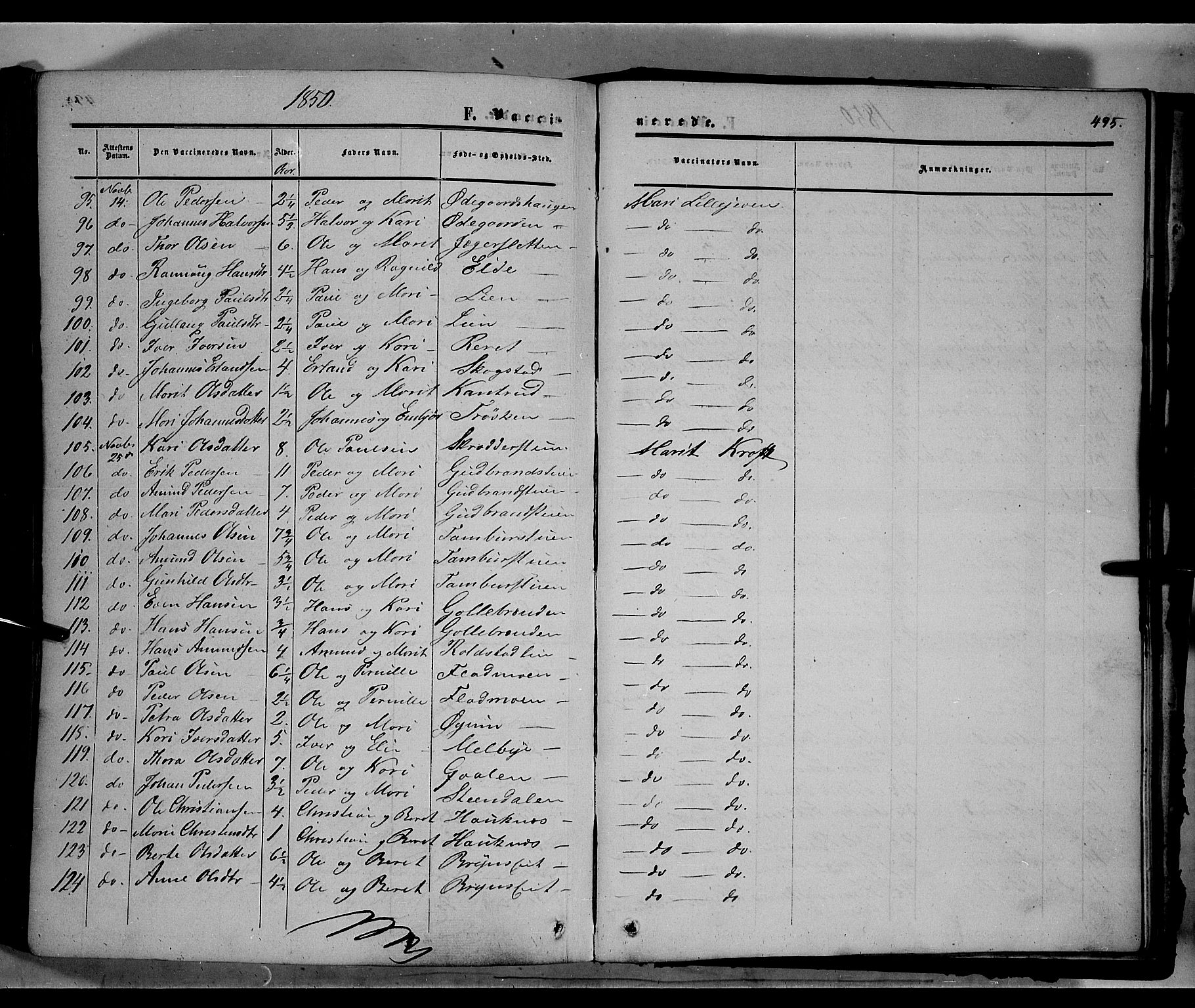 Sør-Fron prestekontor, SAH/PREST-010/H/Ha/Haa/L0001: Parish register (official) no. 1, 1849-1863, p. 495