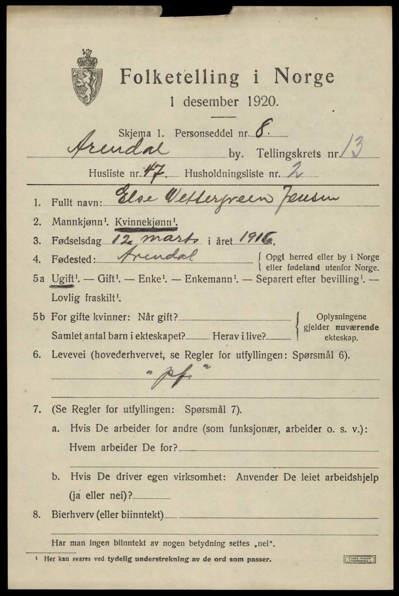 SAK, 1920 census for Arendal, 1920, p. 20830