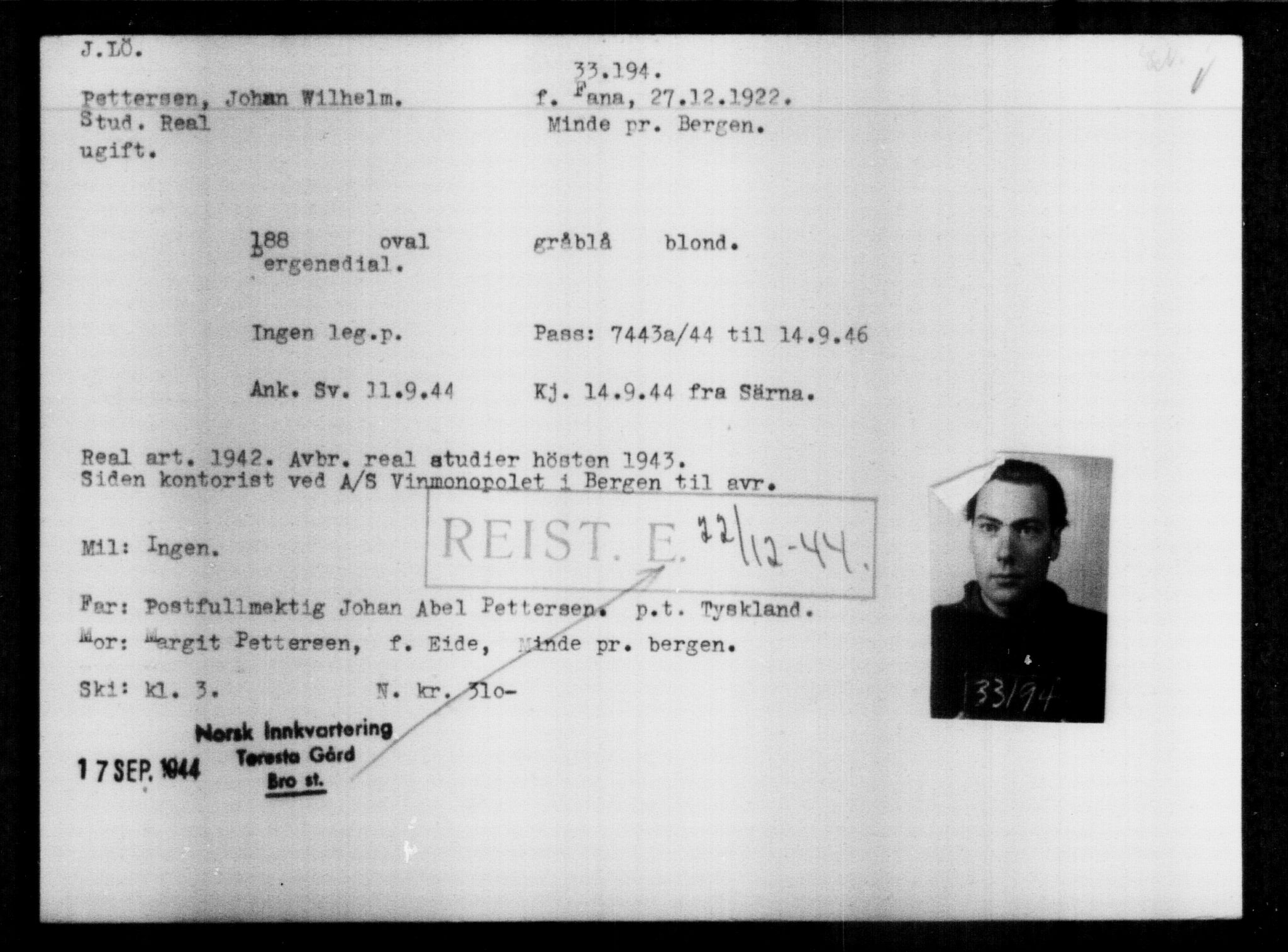 Utenriksstasjonene, Legasjonen i Stockholm, Flyktningkontoret, AV/RA-S-6753/V/Va/L0013: Kjesäterkartoteket, flyktninger med registreringsnr. 31500-34731, 1940-1945, p. 1780