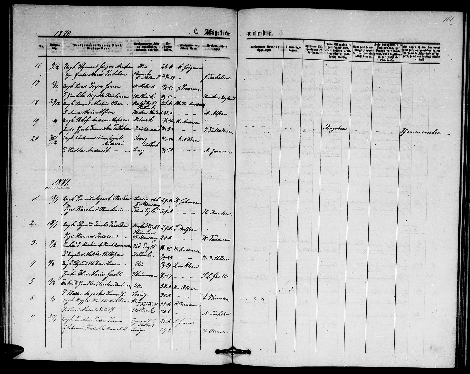 Hisøy sokneprestkontor, SAK/1111-0020/F/Fb/L0002: Parish register (copy) no. B 2, 1873-1885, p. 160