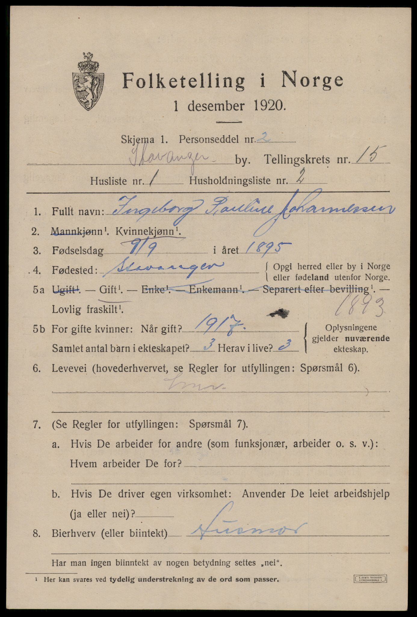 SAST, 1920 census for Stavanger, 1920, p. 61432