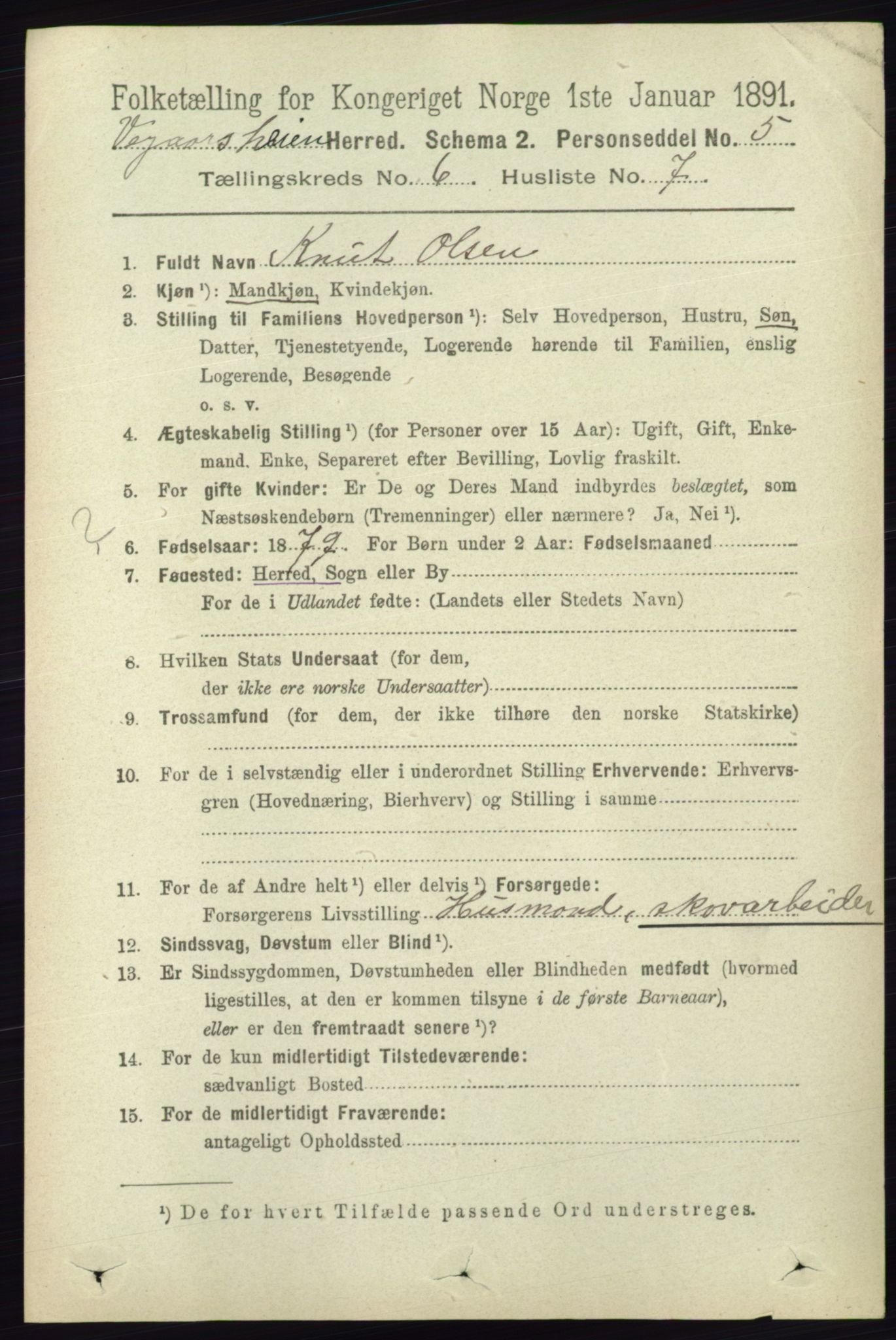 RA, 1891 census for 0912 Vegårshei, 1891, p. 1216