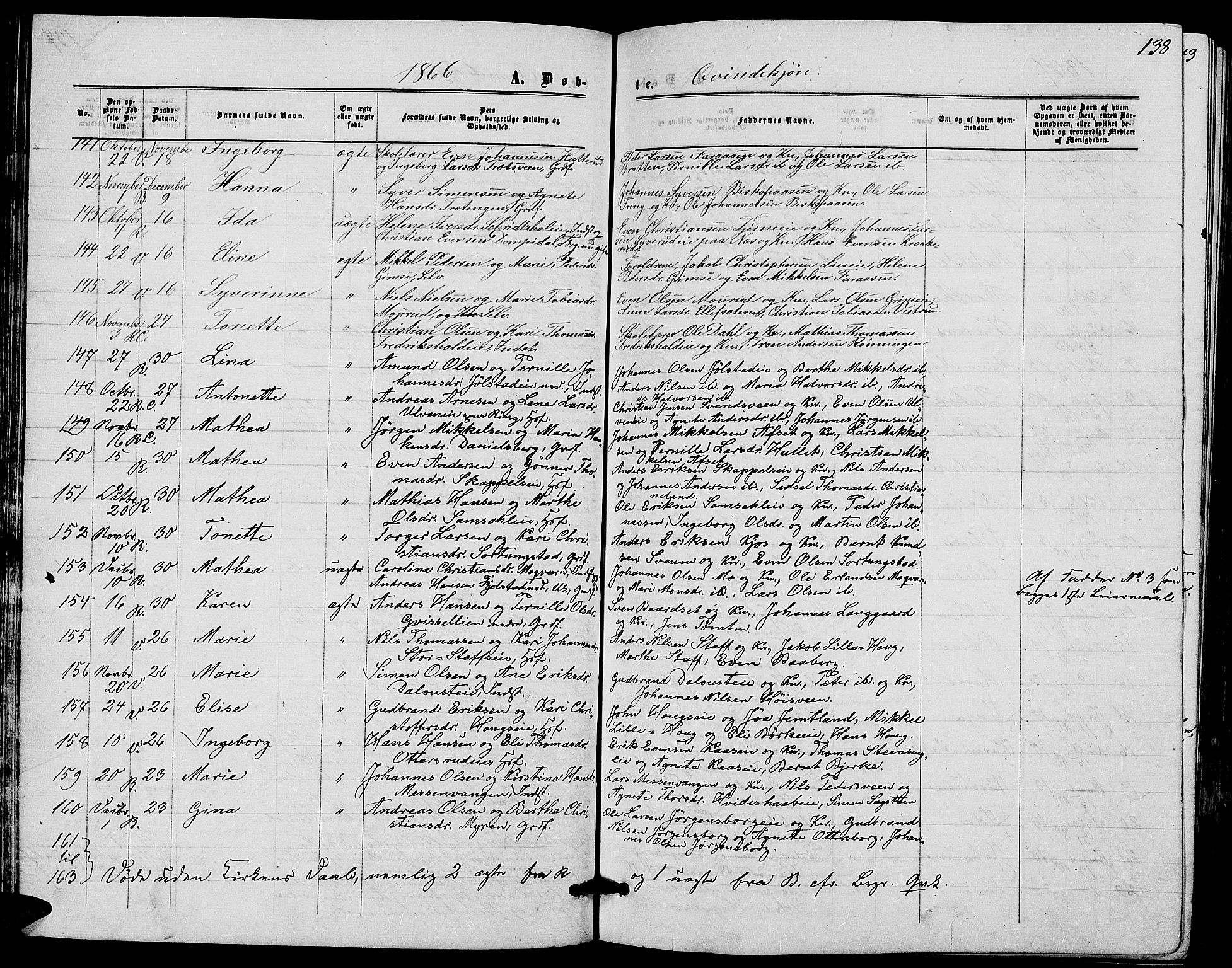 Ringsaker prestekontor, SAH/PREST-014/L/La/L0007: Parish register (copy) no. 7, 1861-1869, p. 138