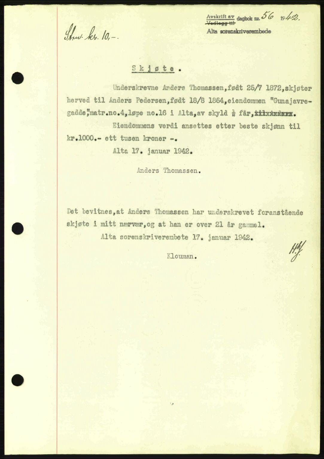 Alta fogderi/sorenskriveri, SATØ/SATØ-5/1/K/Kd/L0033pantebok: Mortgage book no. 33, 1940-1943, Diary no: : 56/1942