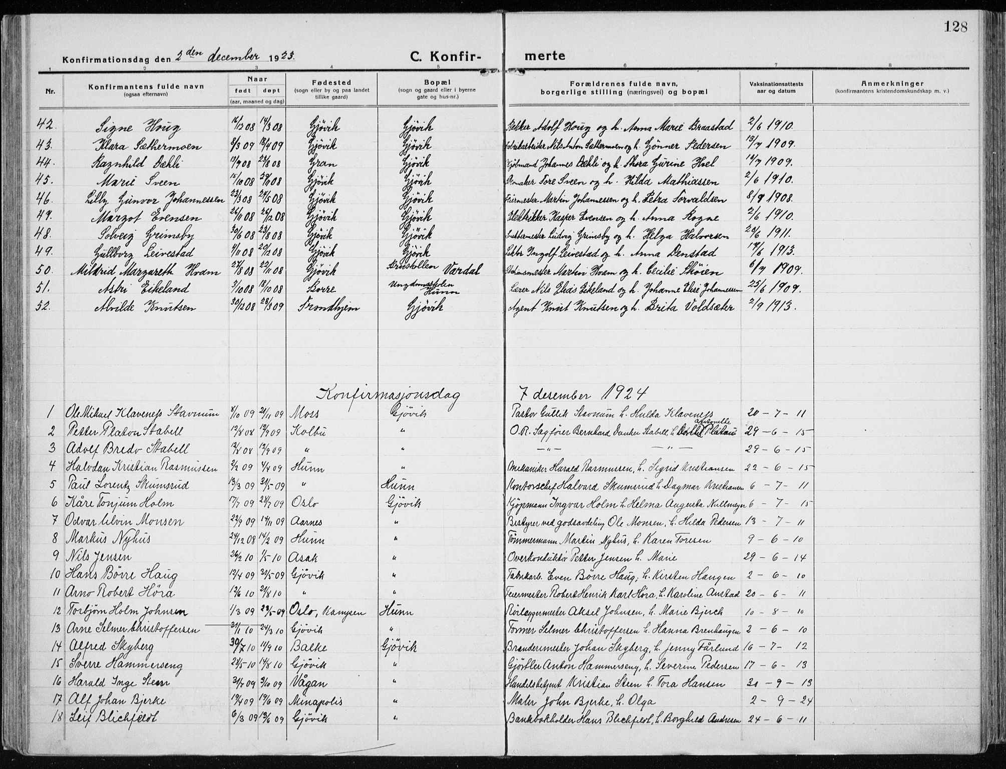 Vardal prestekontor, AV/SAH-PREST-100/H/Ha/Haa/L0015: Parish register (official) no. 15, 1923-1937, p. 128