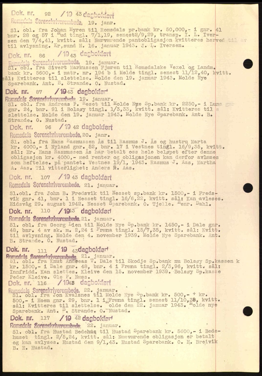 Romsdal sorenskriveri, AV/SAT-A-4149/1/2/2C: Mortgage book no. C1a, 1936-1945, Diary no: : 92/1943