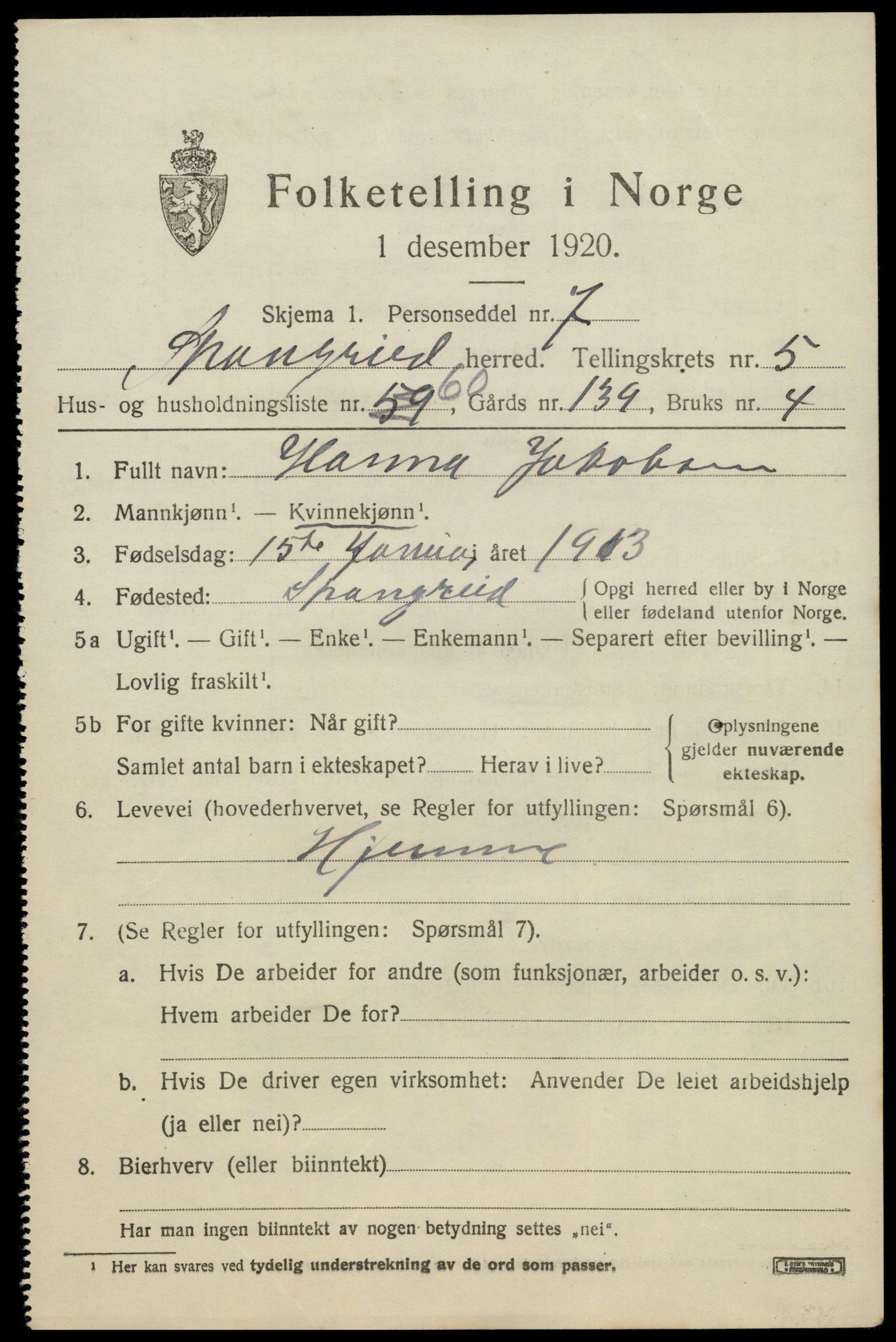 SAK, 1920 census for Spangereid, 1920, p. 2203