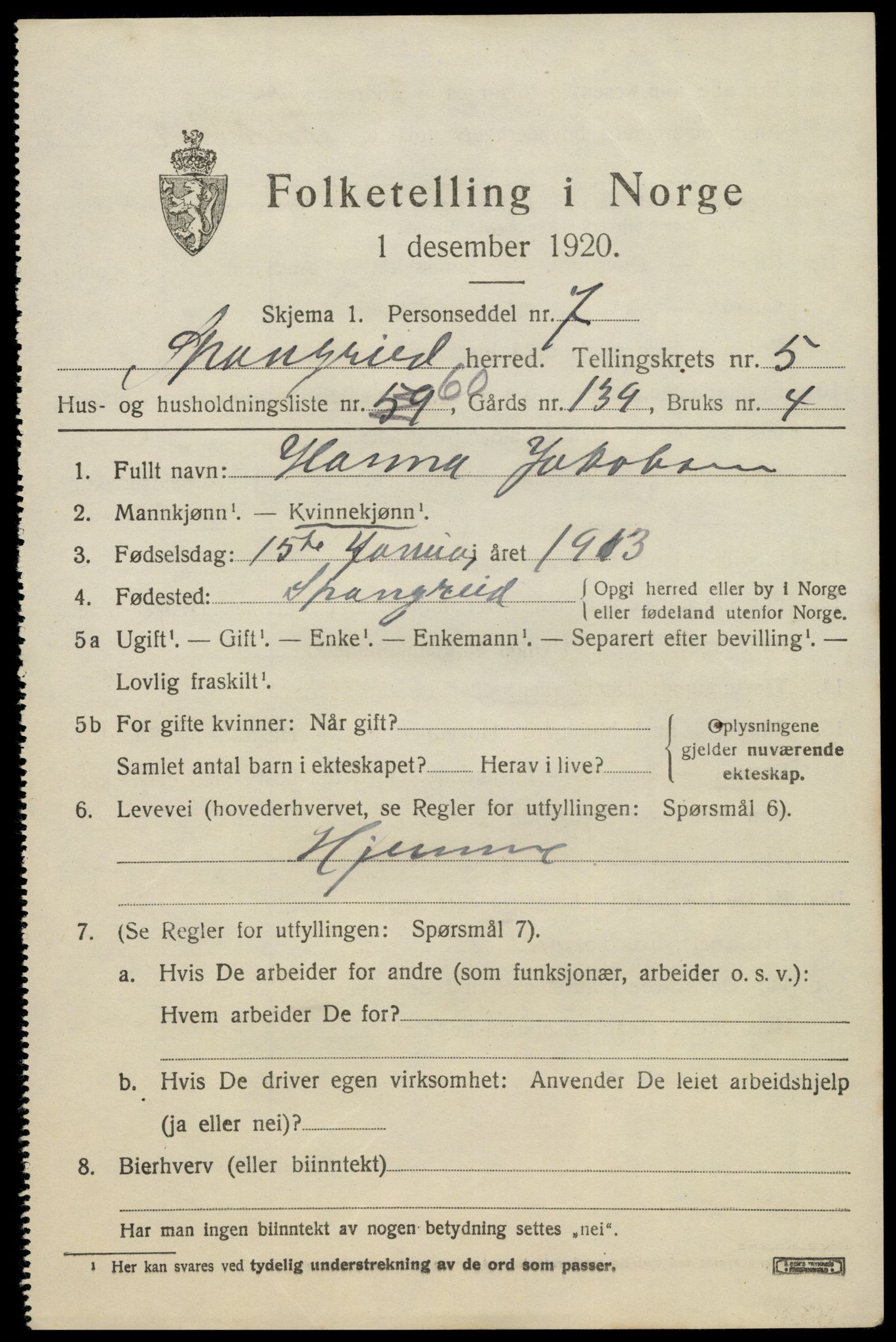 SAK, 1920 census for Spangereid, 1920, p. 2203