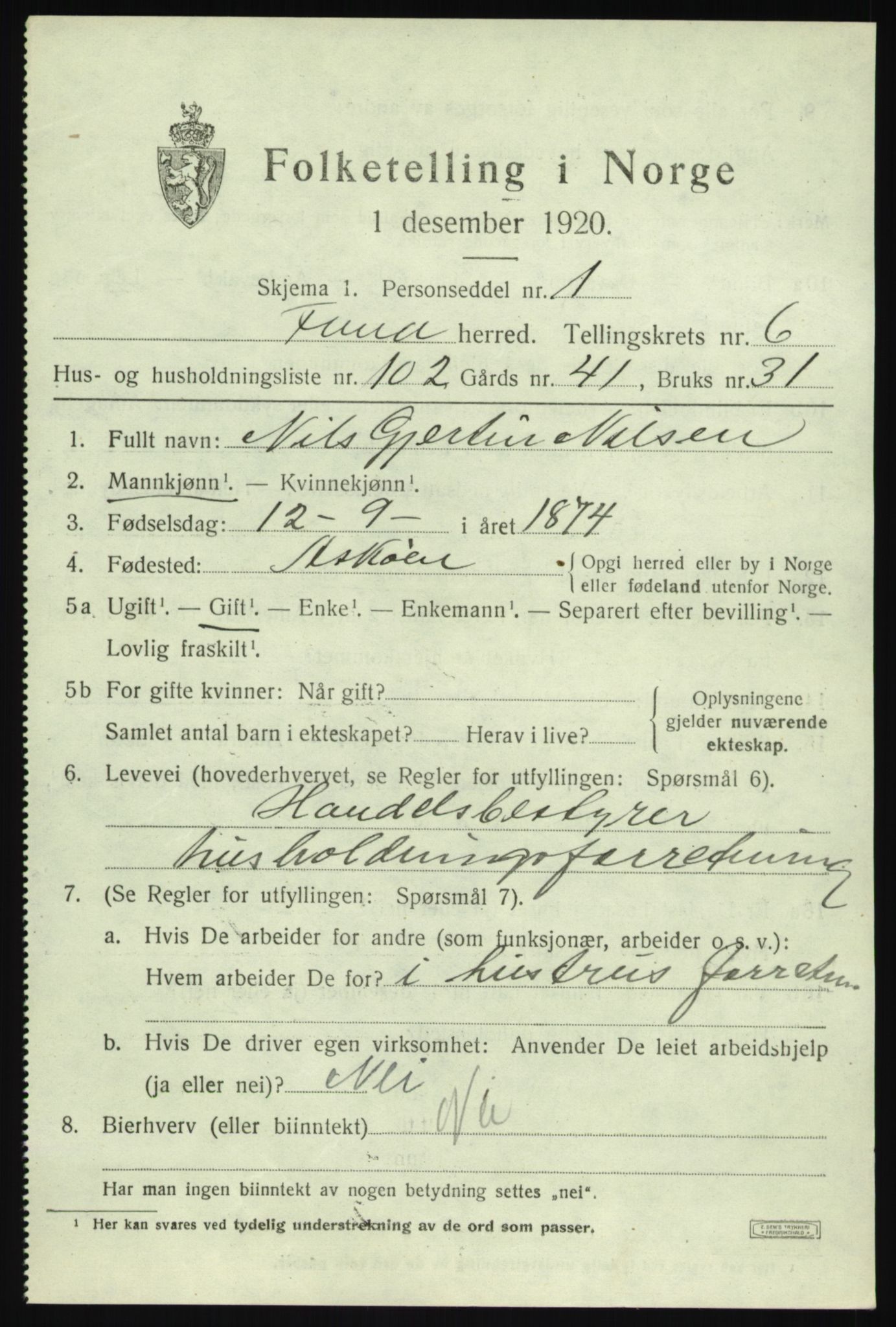 SAB, 1920 census for Fana, 1920, p. 12031