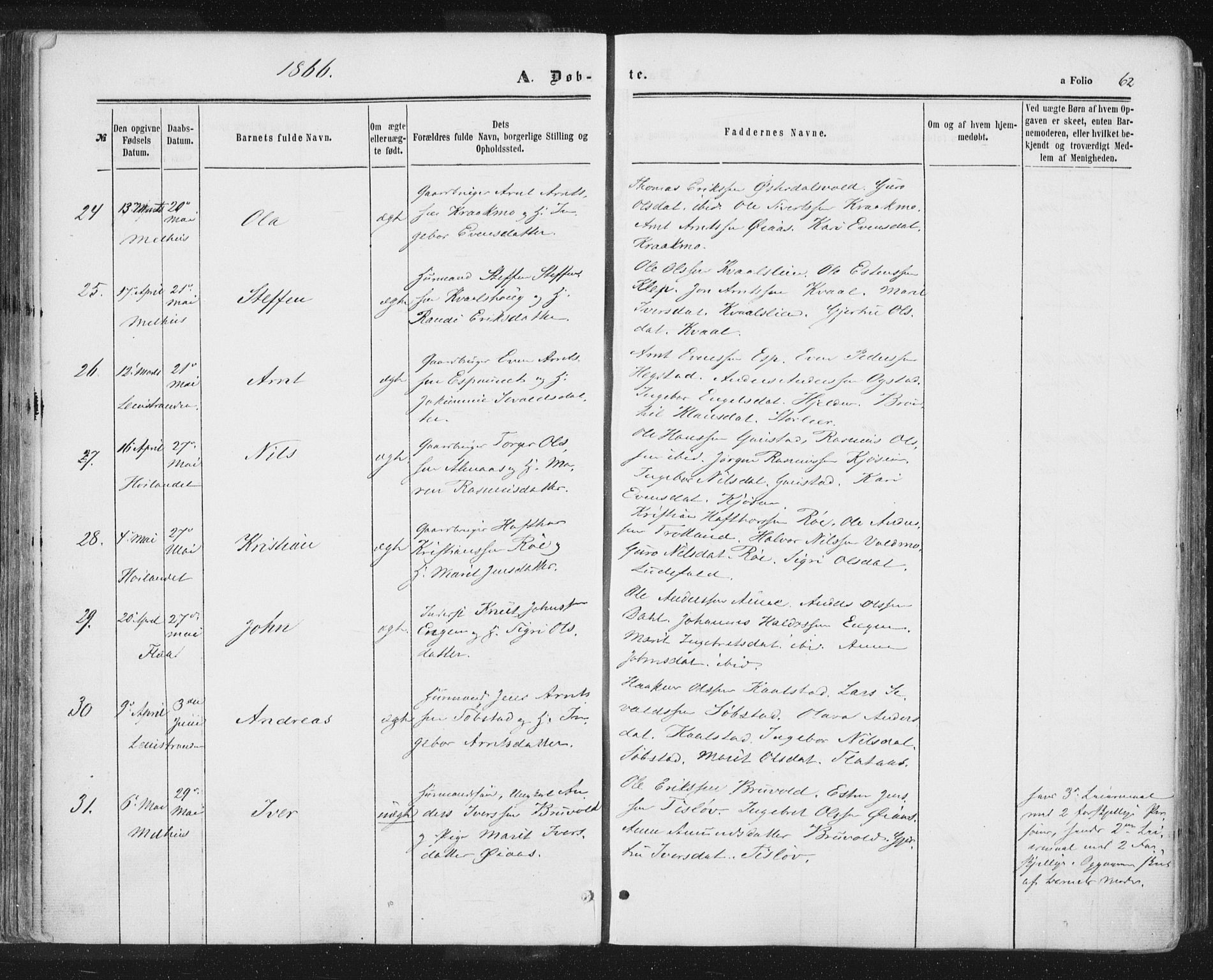 Ministerialprotokoller, klokkerbøker og fødselsregistre - Sør-Trøndelag, SAT/A-1456/691/L1077: Parish register (official) no. 691A09, 1862-1873, p. 62