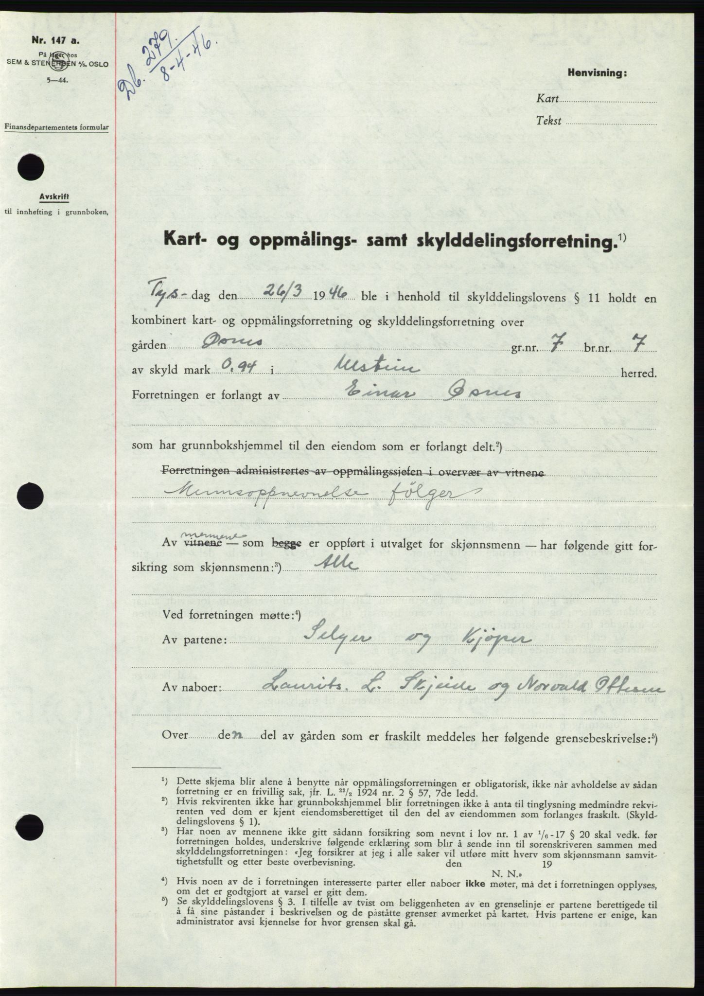 Søre Sunnmøre sorenskriveri, AV/SAT-A-4122/1/2/2C/L0078: Mortgage book no. 4A, 1946-1946, Diary no: : 279/1946