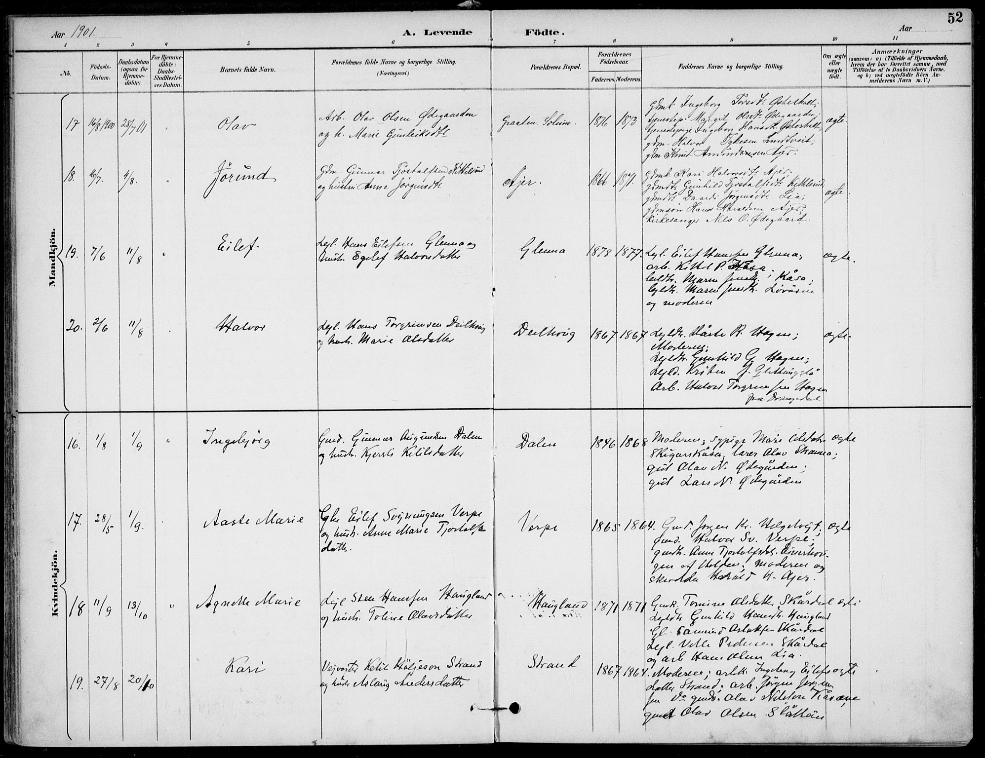 Lunde kirkebøker, SAKO/A-282/F/Fa/L0003: Parish register (official) no. I 3, 1893-1902, p. 52