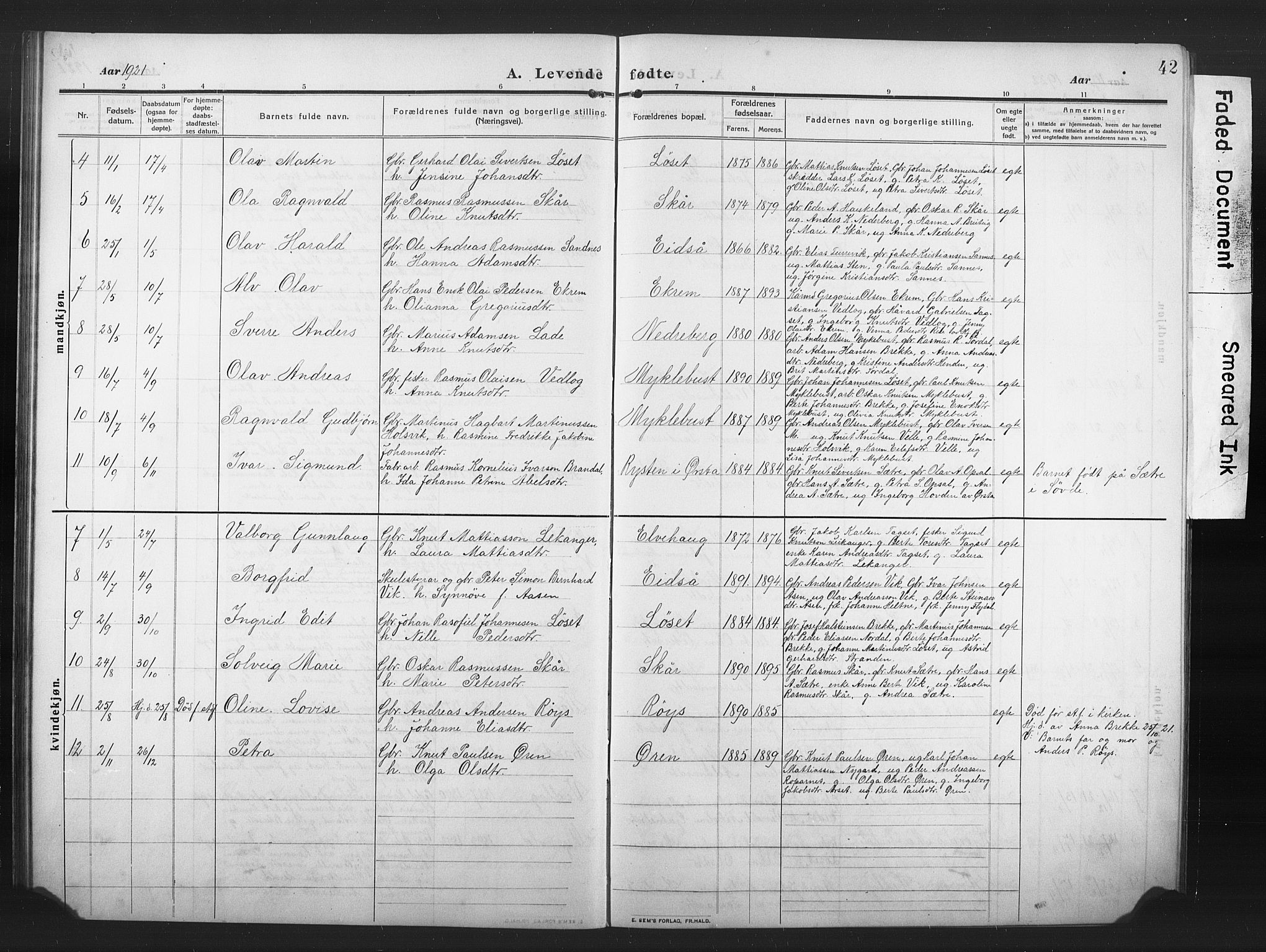 Ministerialprotokoller, klokkerbøker og fødselsregistre - Møre og Romsdal, AV/SAT-A-1454/502/L0028: Parish register (copy) no. 502C02, 1909-1932, p. 42