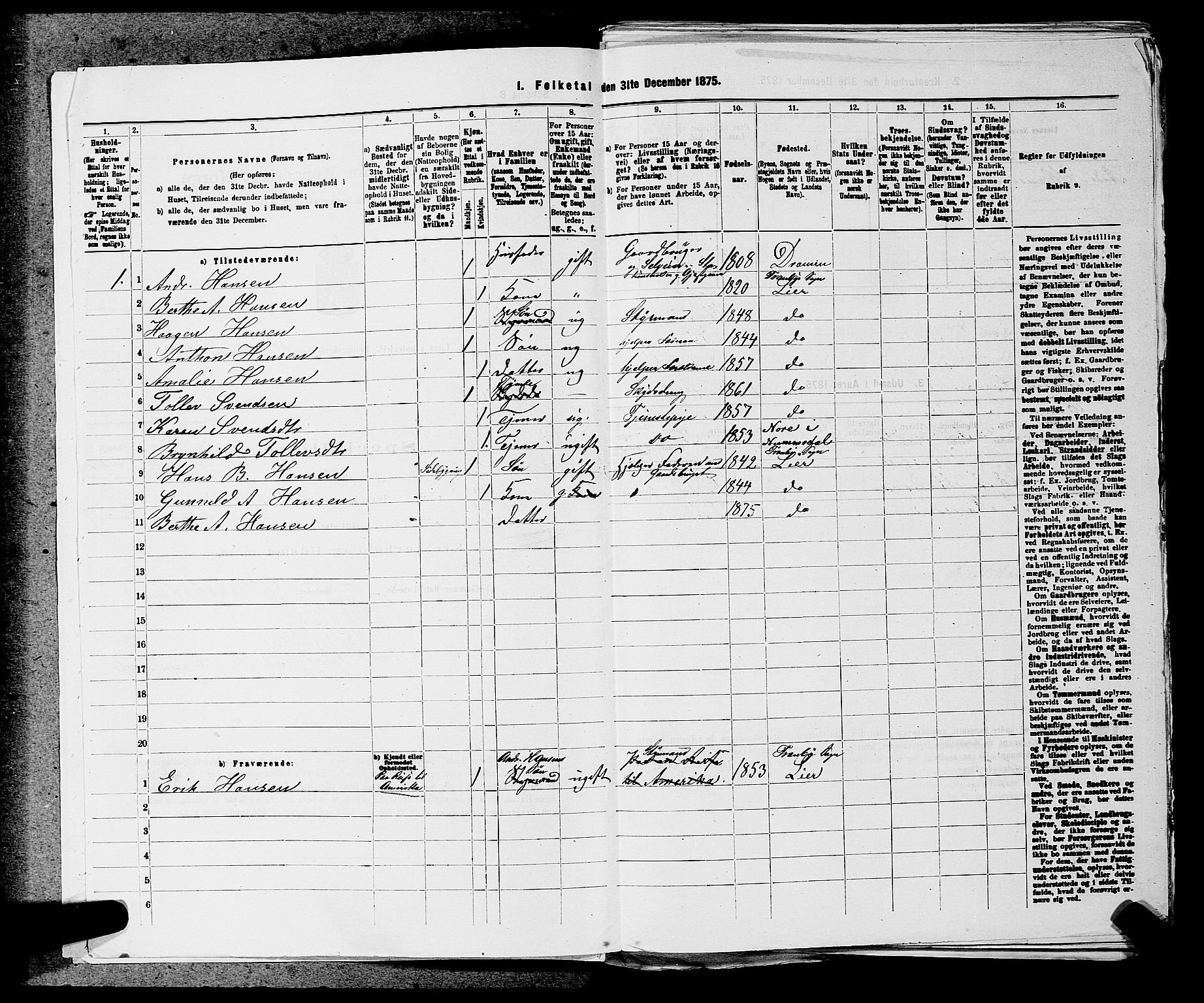 SAKO, 1875 census for 0626P Lier, 1875, p. 1958