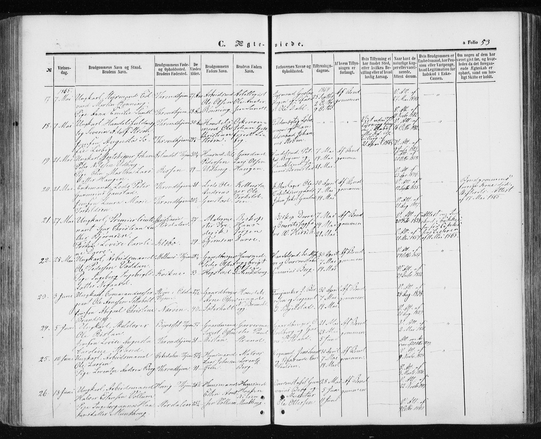 Ministerialprotokoller, klokkerbøker og fødselsregistre - Sør-Trøndelag, AV/SAT-A-1456/601/L0053: Parish register (official) no. 601A21, 1857-1865, p. 53