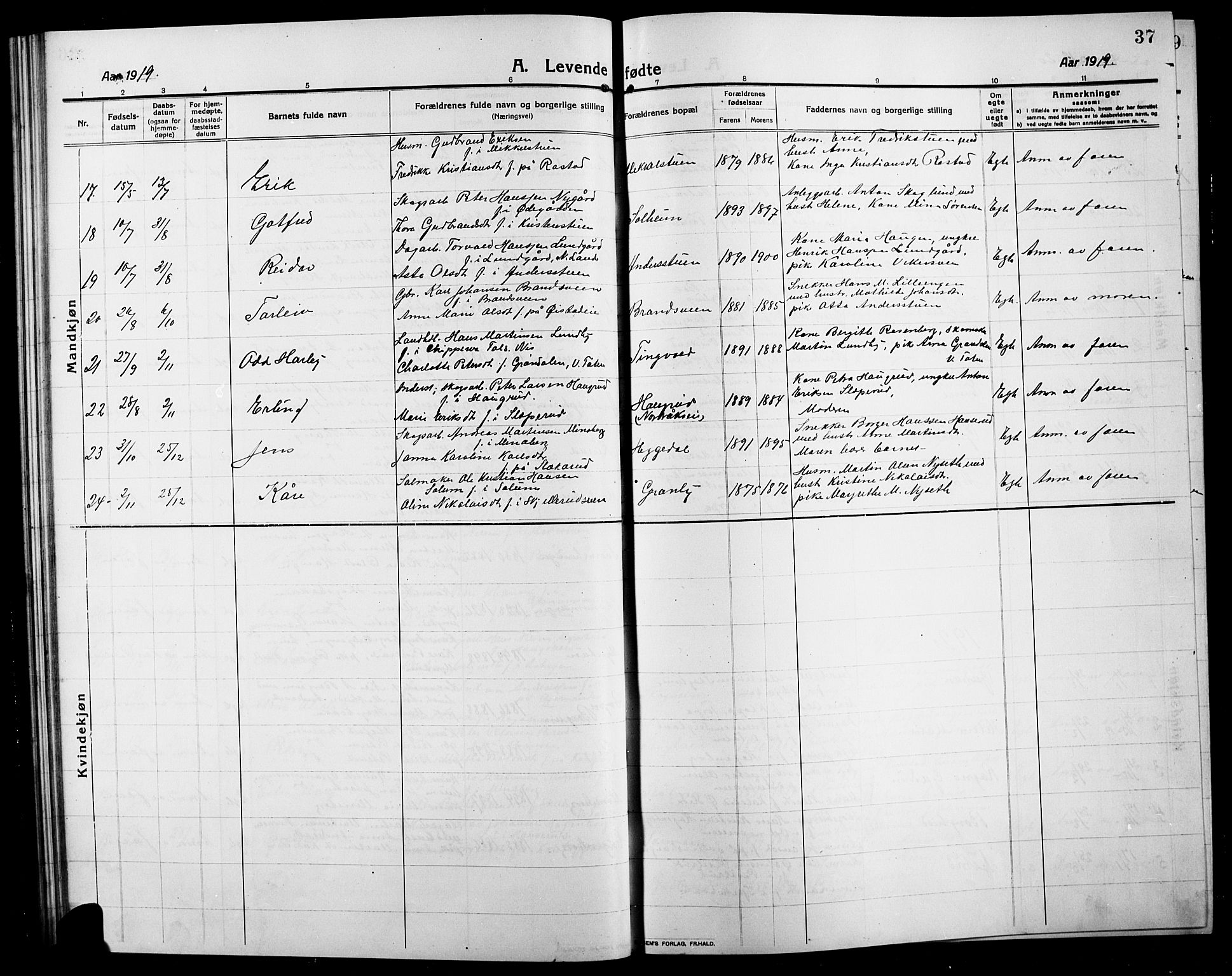 Søndre Land prestekontor, AV/SAH-PREST-122/L/L0006: Parish register (copy) no. 6, 1912-1925, p. 37