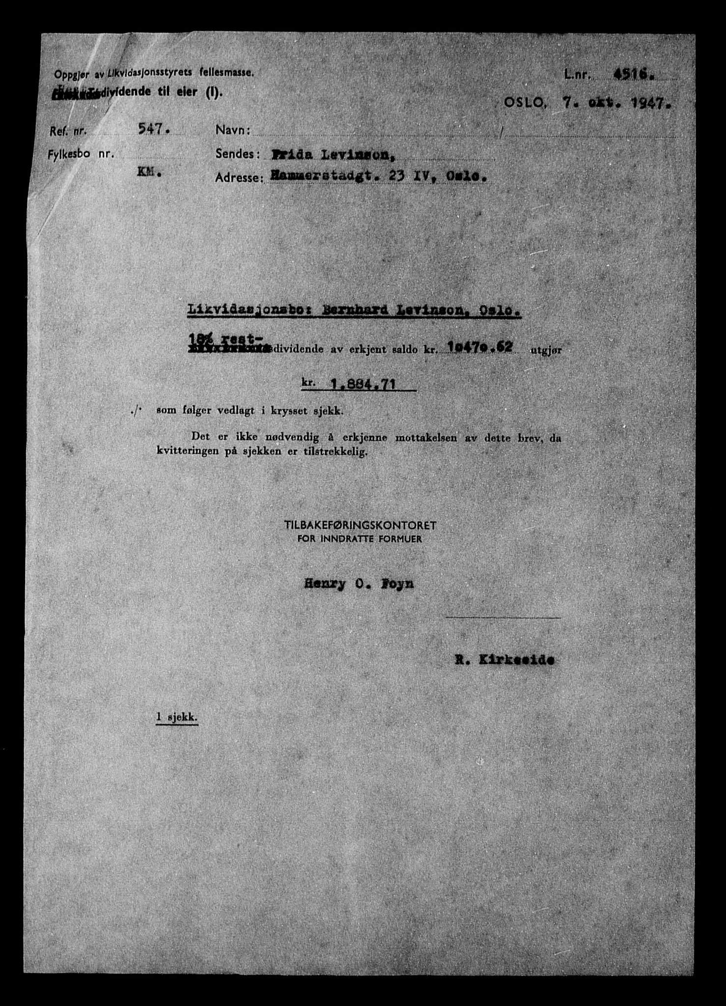 Justisdepartementet, Tilbakeføringskontoret for inndratte formuer, AV/RA-S-1564/H/Hc/Hcc/L0958: --, 1945-1947, p. 294