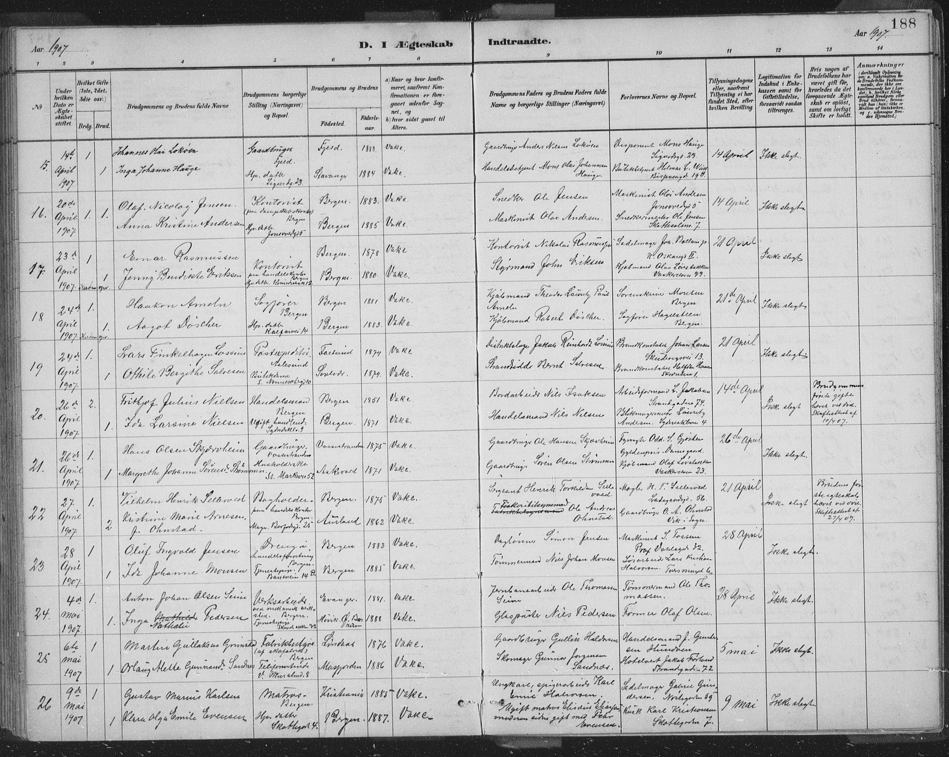 Domkirken sokneprestembete, AV/SAB-A-74801/H/Hab/L0032: Parish register (copy) no. D 4, 1880-1907, p. 188