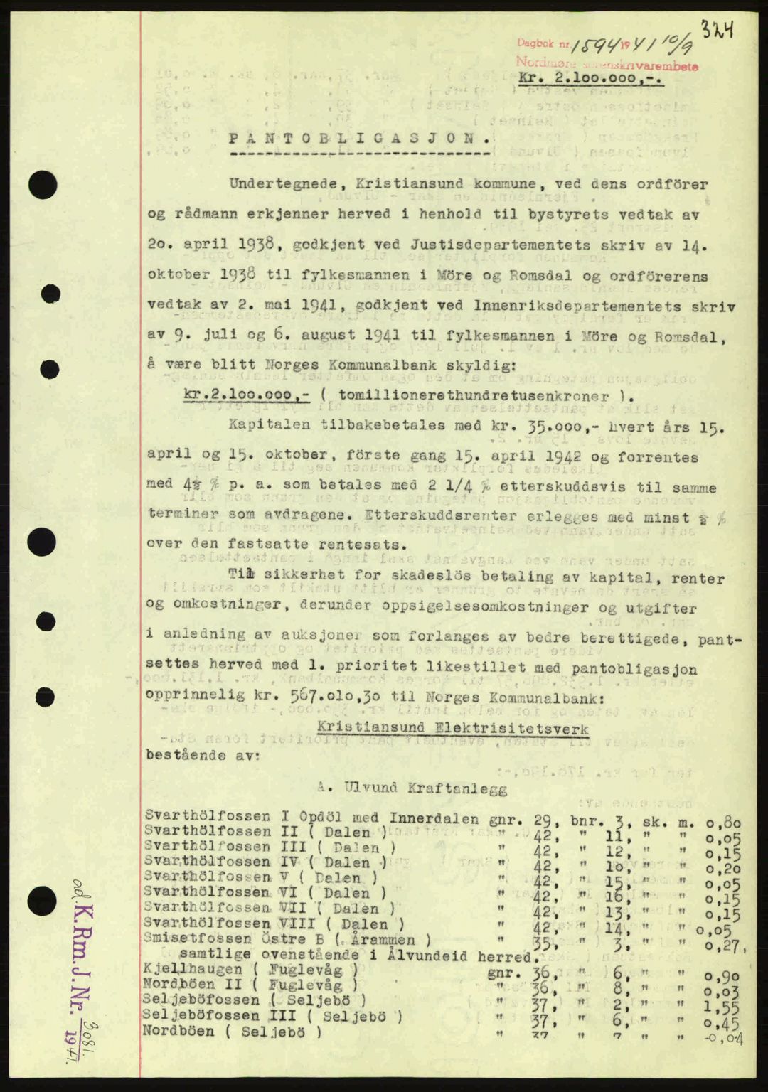 Nordmøre sorenskriveri, AV/SAT-A-4132/1/2/2Ca: Mortgage book no. B88, 1941-1942, Diary no: : 1594/1941