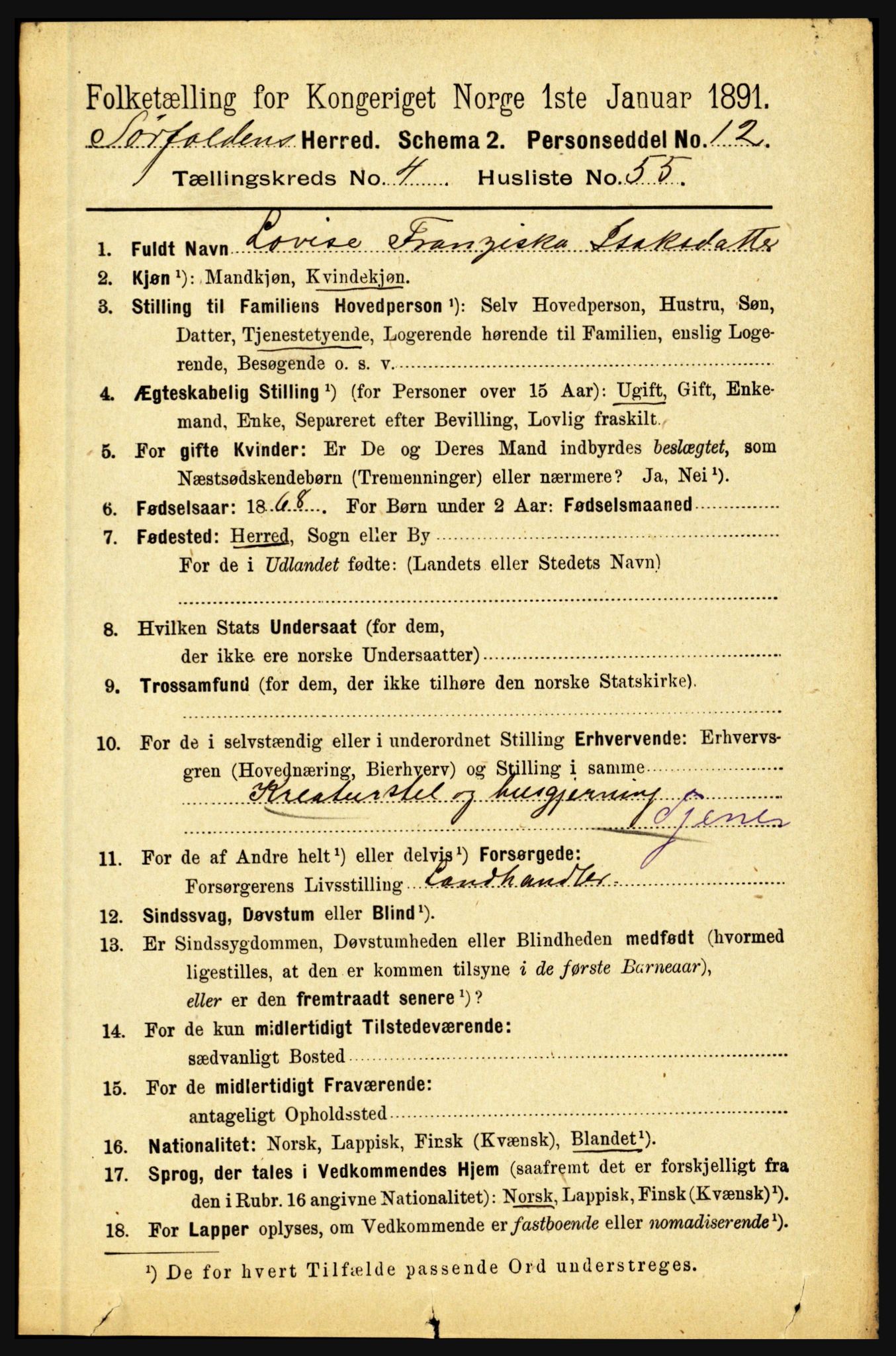 RA, 1891 census for 1845 Sørfold, 1891, p. 1297