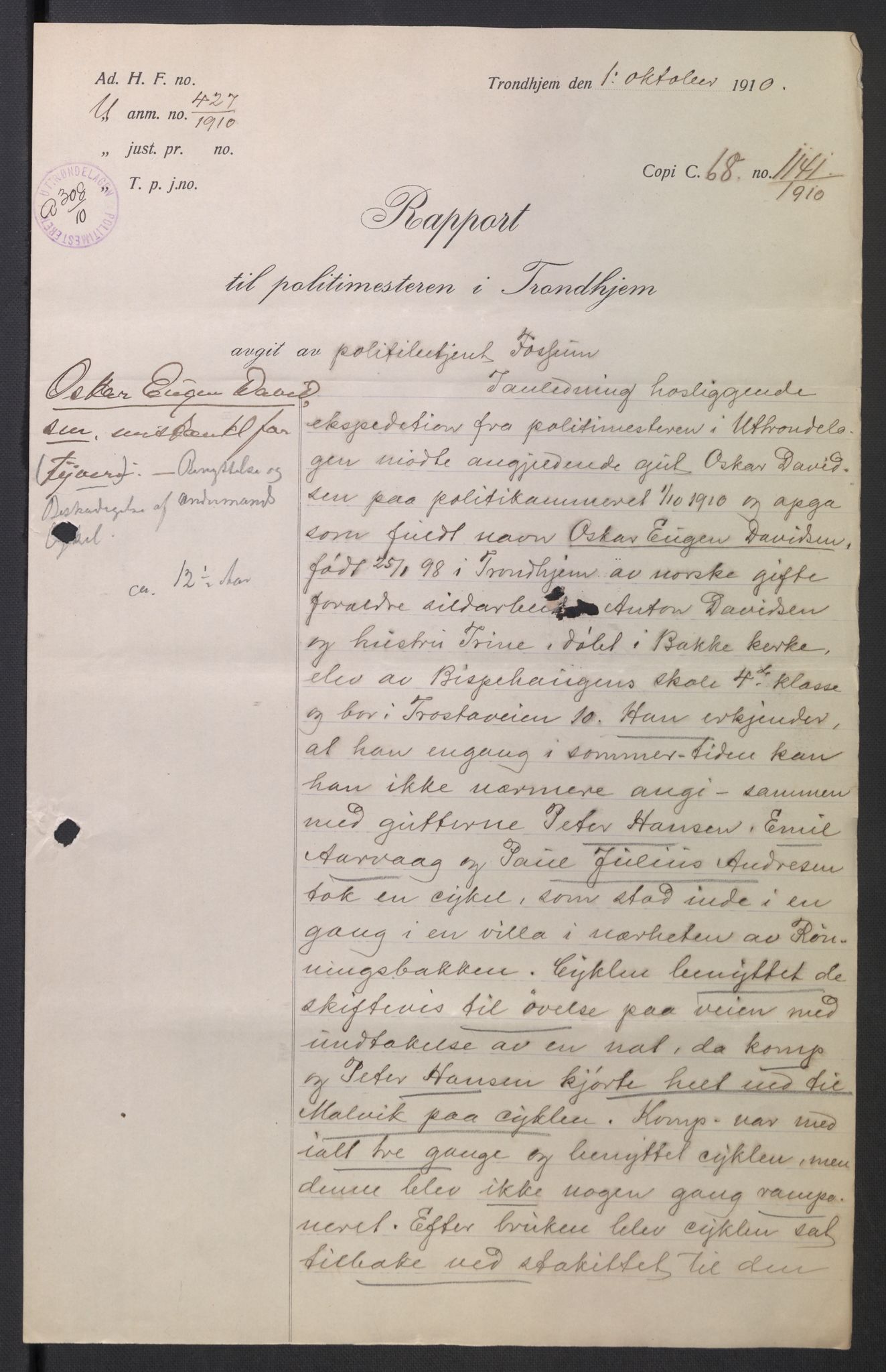 Falstad skolehjem, AV/RA-S-1676/E/Eb/L0010: Elevmapper løpenr. 210-239, 1910-1917, p. 171