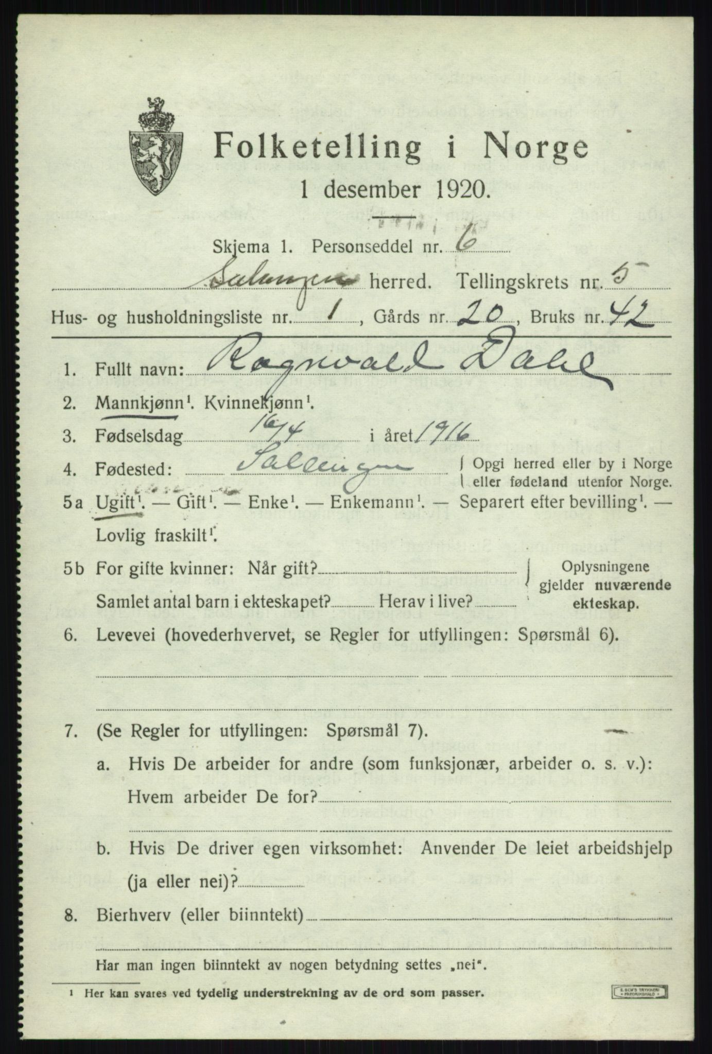 SATØ, 1920 census for Salangen, 1920, p. 3306