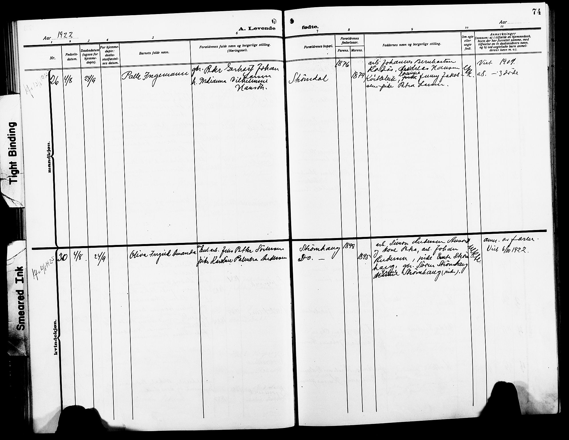 Ministerialprotokoller, klokkerbøker og fødselsregistre - Nordland, AV/SAT-A-1459/854/L0787: Parish register (copy) no. 854C03, 1913-1926, p. 74