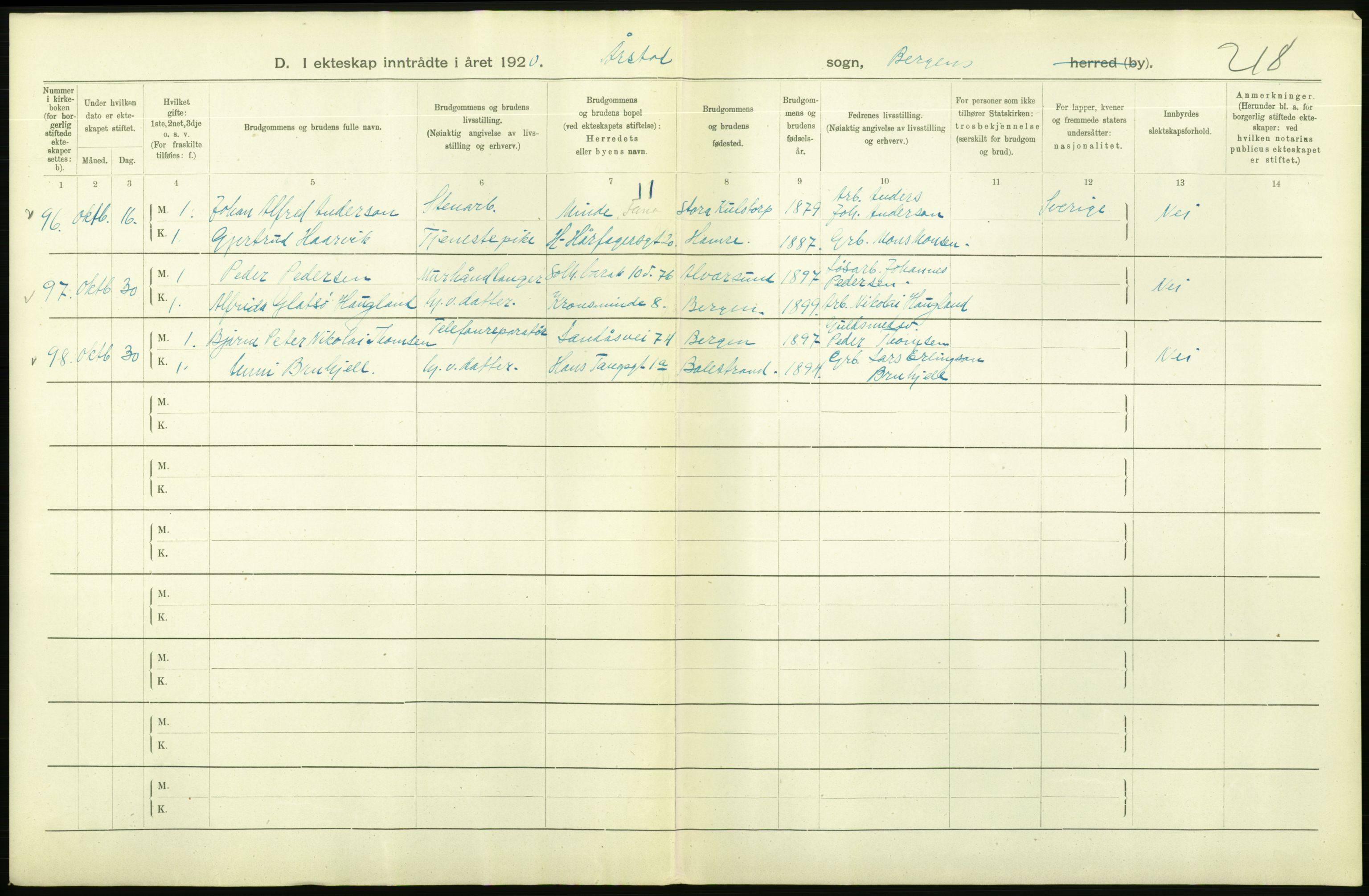 Statistisk sentralbyrå, Sosiodemografiske emner, Befolkning, AV/RA-S-2228/D/Df/Dfb/Dfbj/L0042: Bergen: Gifte, døde, dødfødte., 1920, p. 32