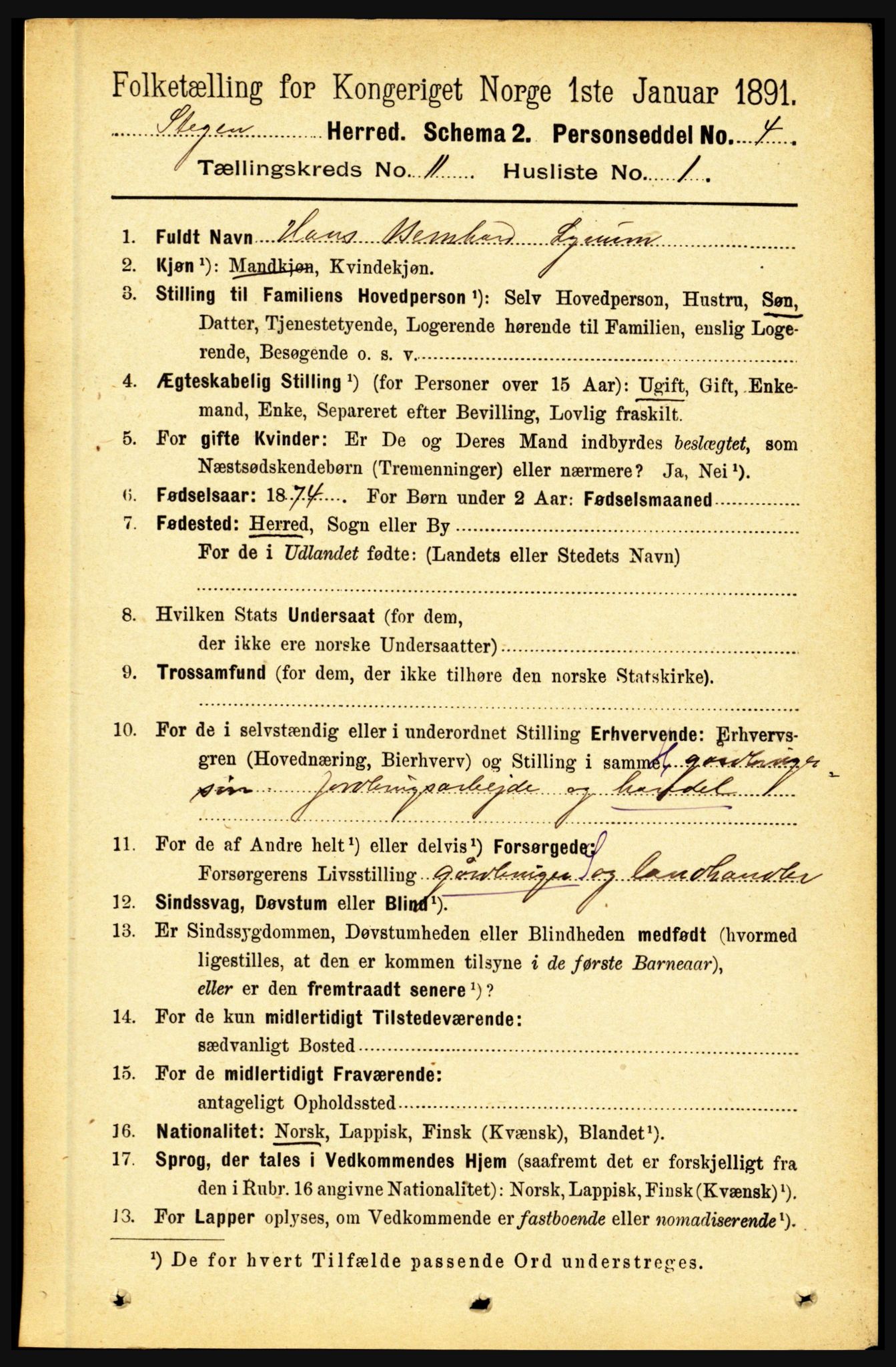 RA, 1891 census for 1848 Steigen, 1891, p. 3786