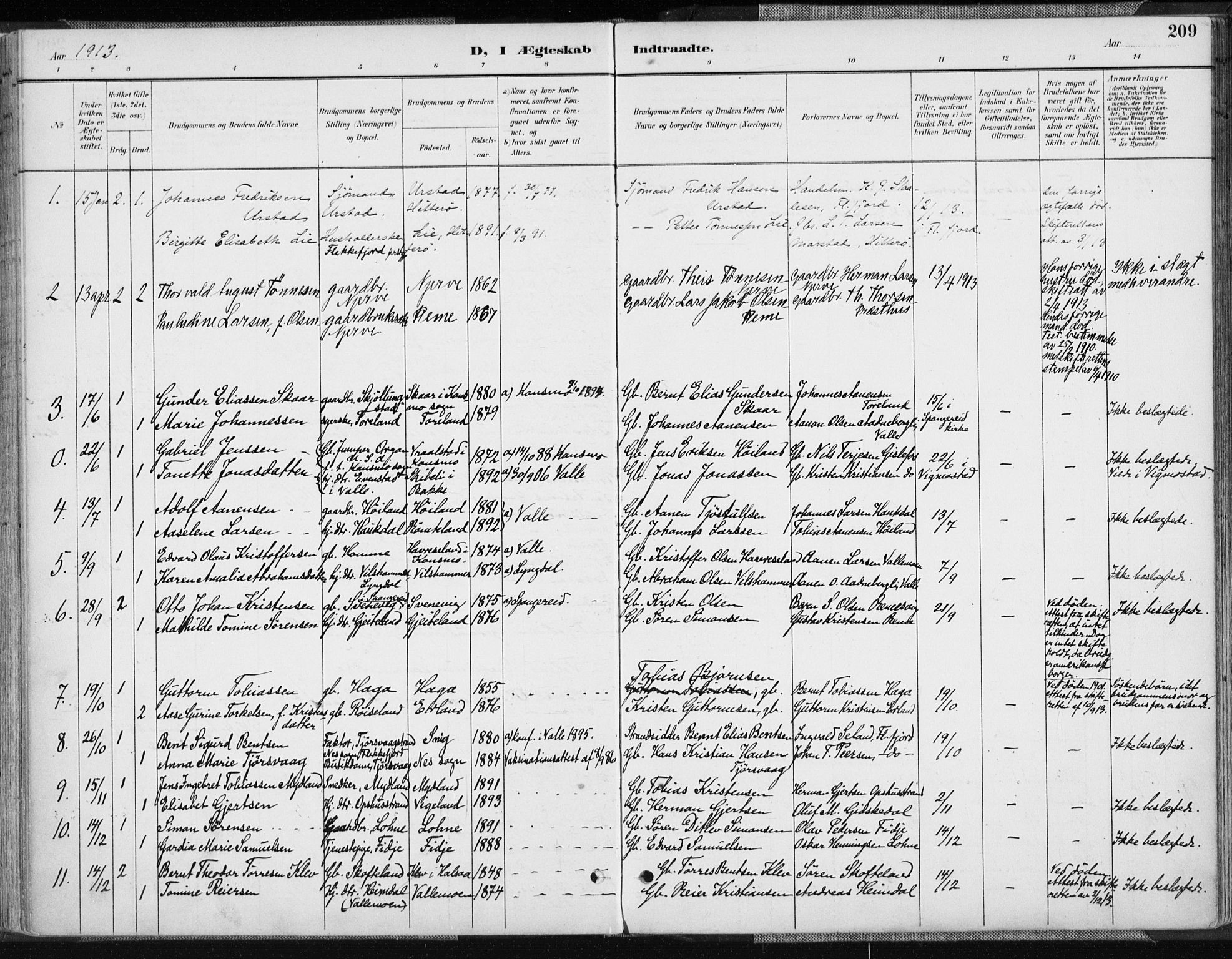 Sør-Audnedal sokneprestkontor, AV/SAK-1111-0039/F/Fa/Fab/L0010: Parish register (official) no. A 10, 1892-1913, p. 209