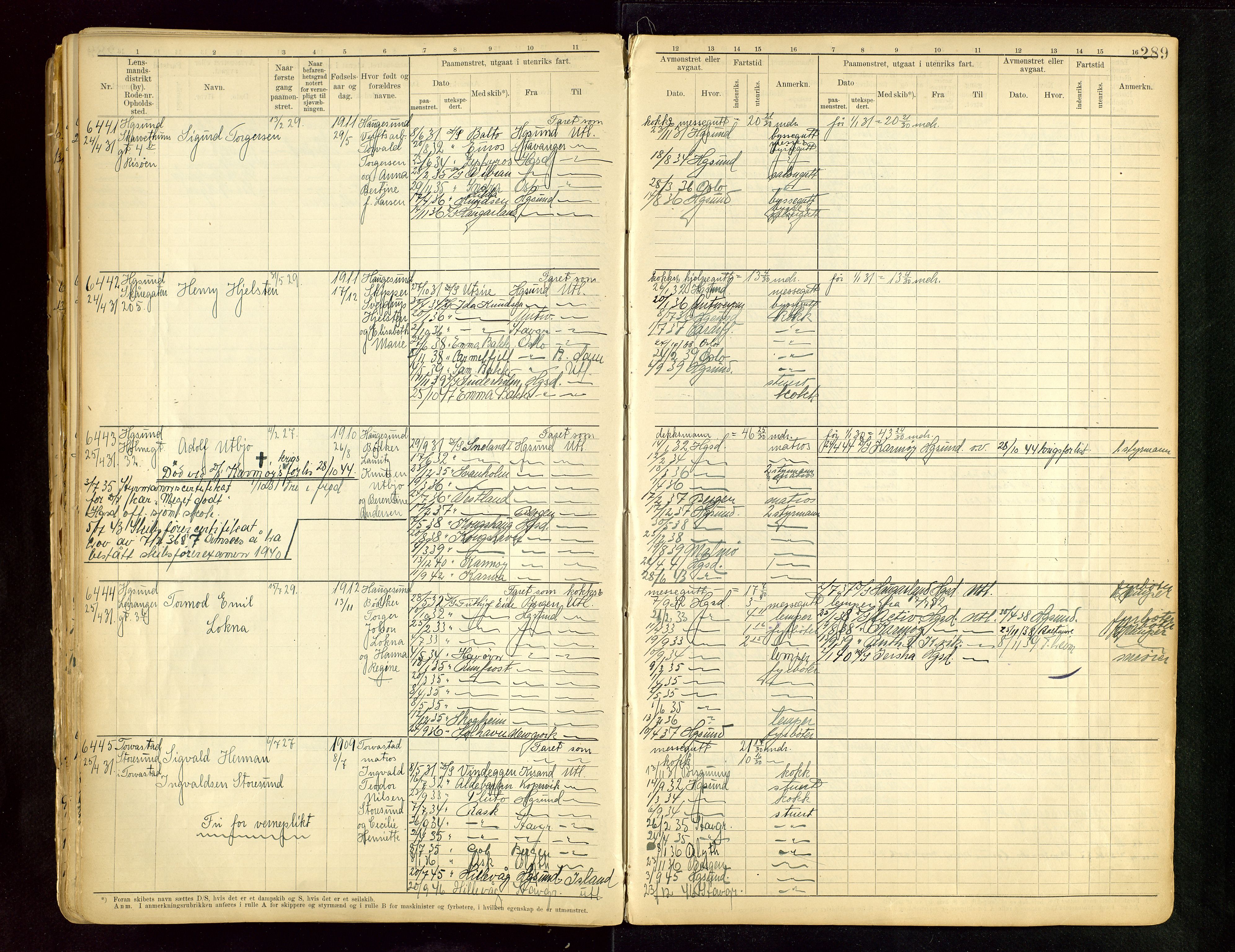 Haugesund sjømannskontor, SAST/A-102007/F/Fb/Fbb/L0015: Sjøfartsrulle A Haugesund krets I nr 5001-8970, 1912-1948, p. 289